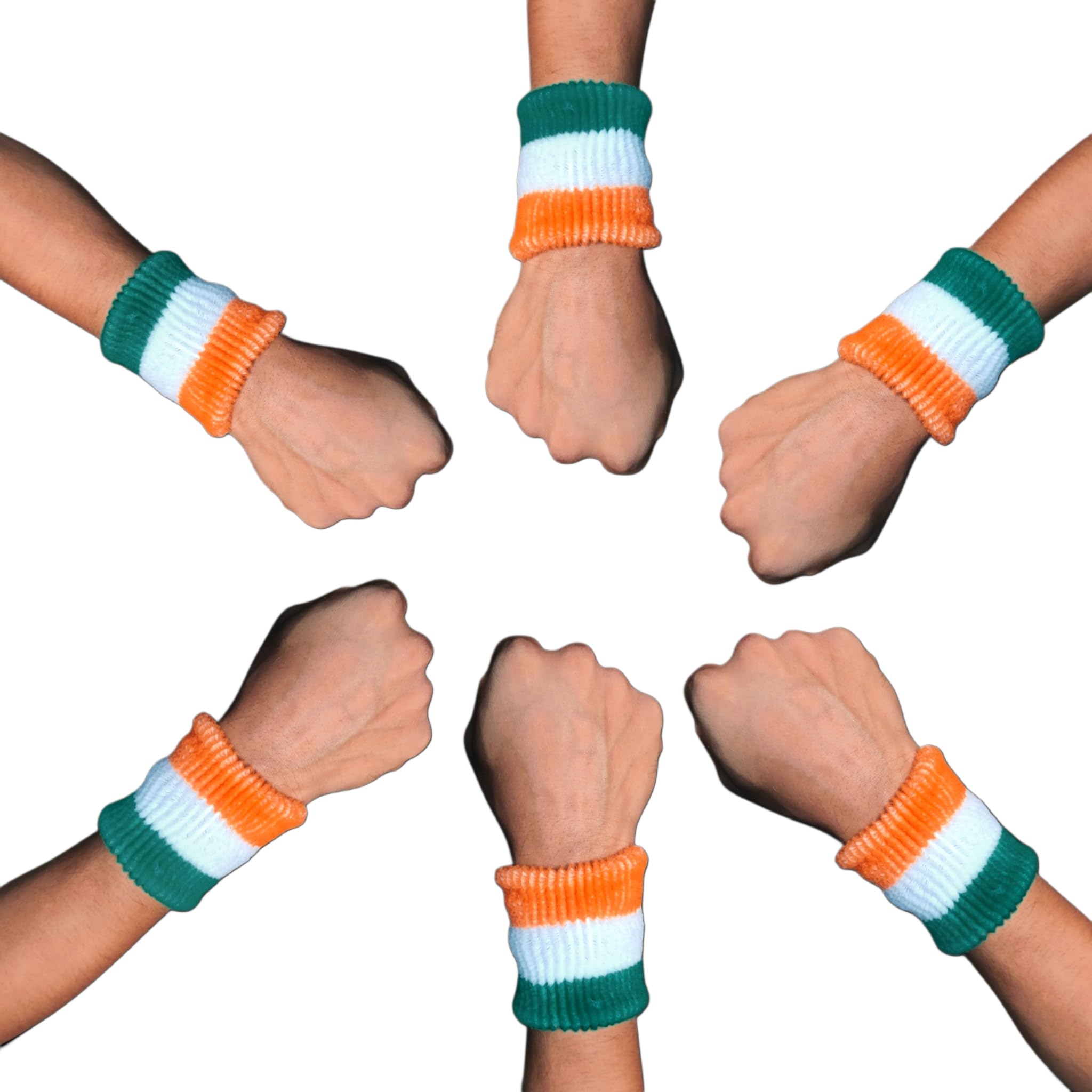 Indian Flag Wrist Bands, Tricolour Sports Sweatbands, Pack of 6, Green-White-Orange-image-24