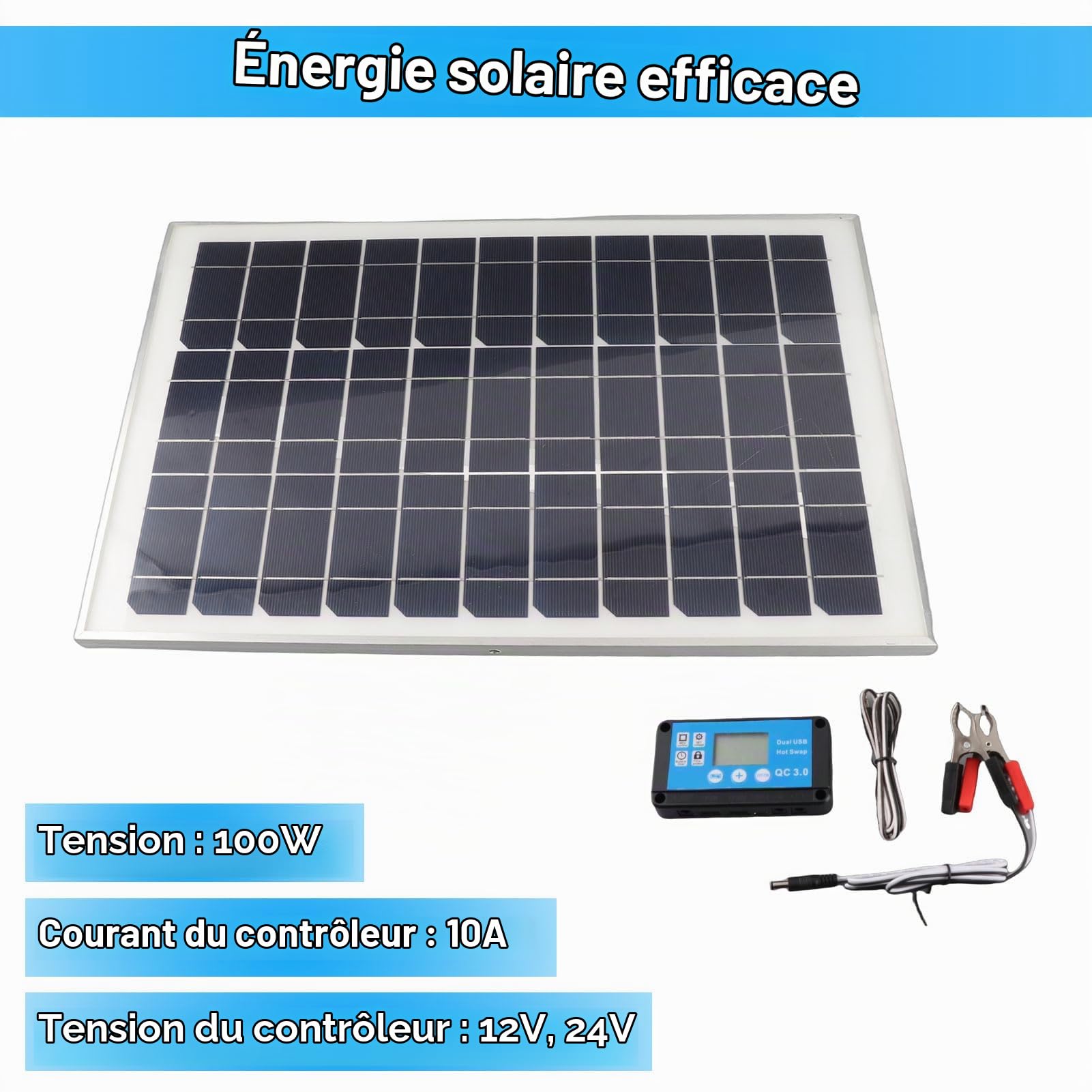 Kit de Panneaux Solaires, Panneau Solaire 100W Module Solaire Monocristallin Mainteneur Panneau Solaire Portable avec Contrôleur étanche 20A 12V 24V pour Camping-Car Intérieur et Extérieur