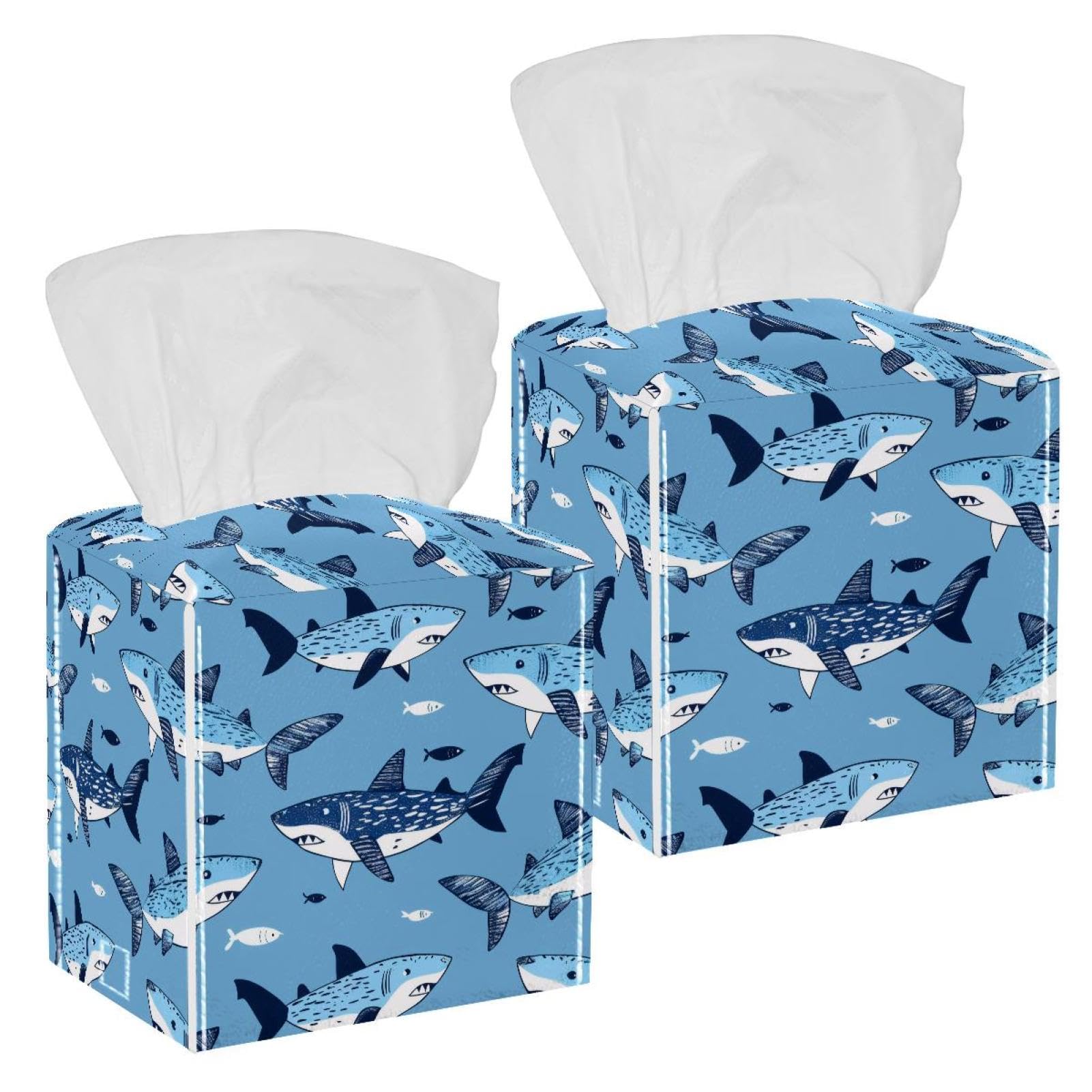 Sharks Tissue Box Cover, 2 Pack PU Leather Square Facial Tissue Dispenser Box holder for Home Office Car
