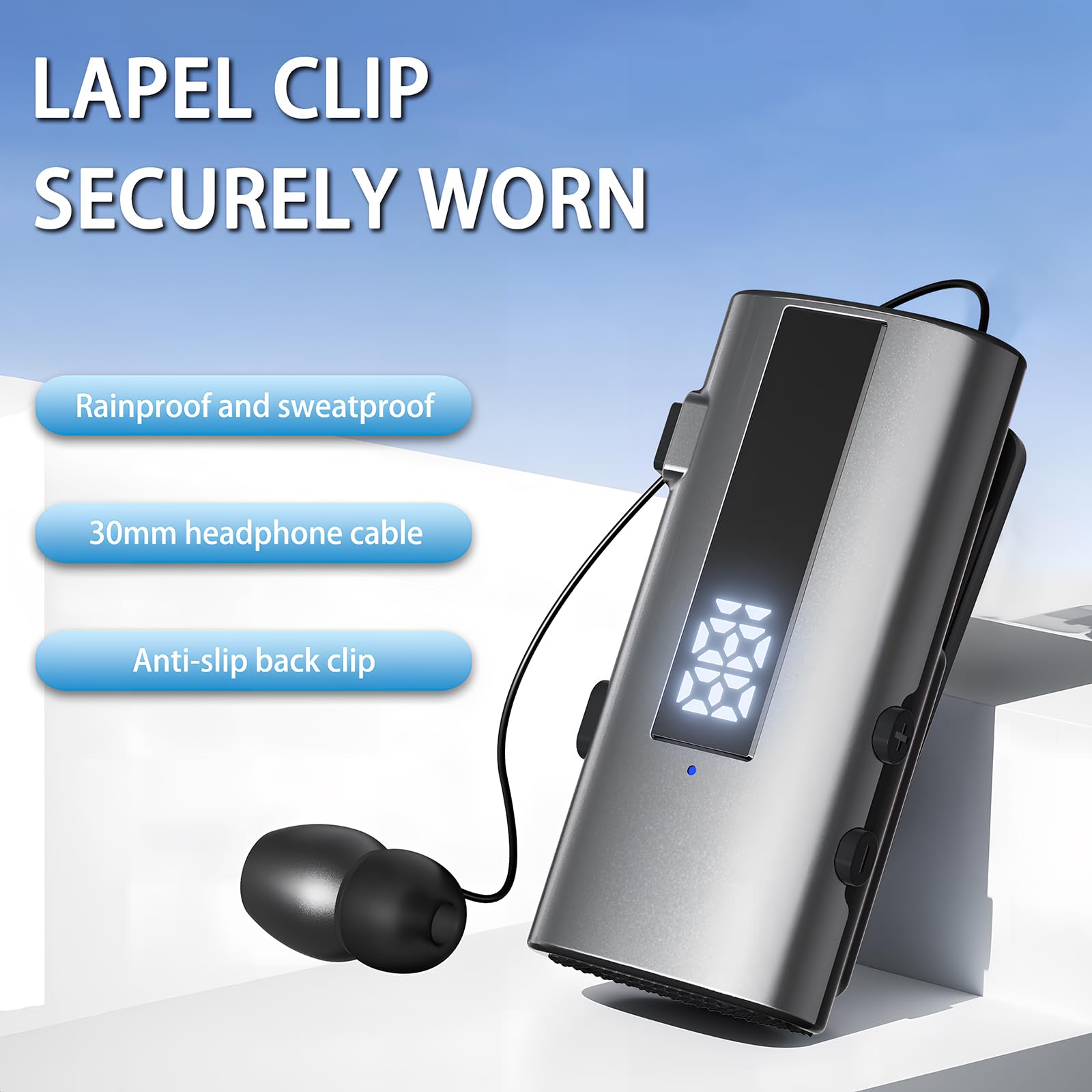 Auricolari Bluetooth con Cavo Retrattile, 50H Cuffie Wireless Lavalier con Vibratione, LED Power Display, IP65 Impermeabile, Doppia Connessione, Chip 6.0 (Grigio Nerastro)