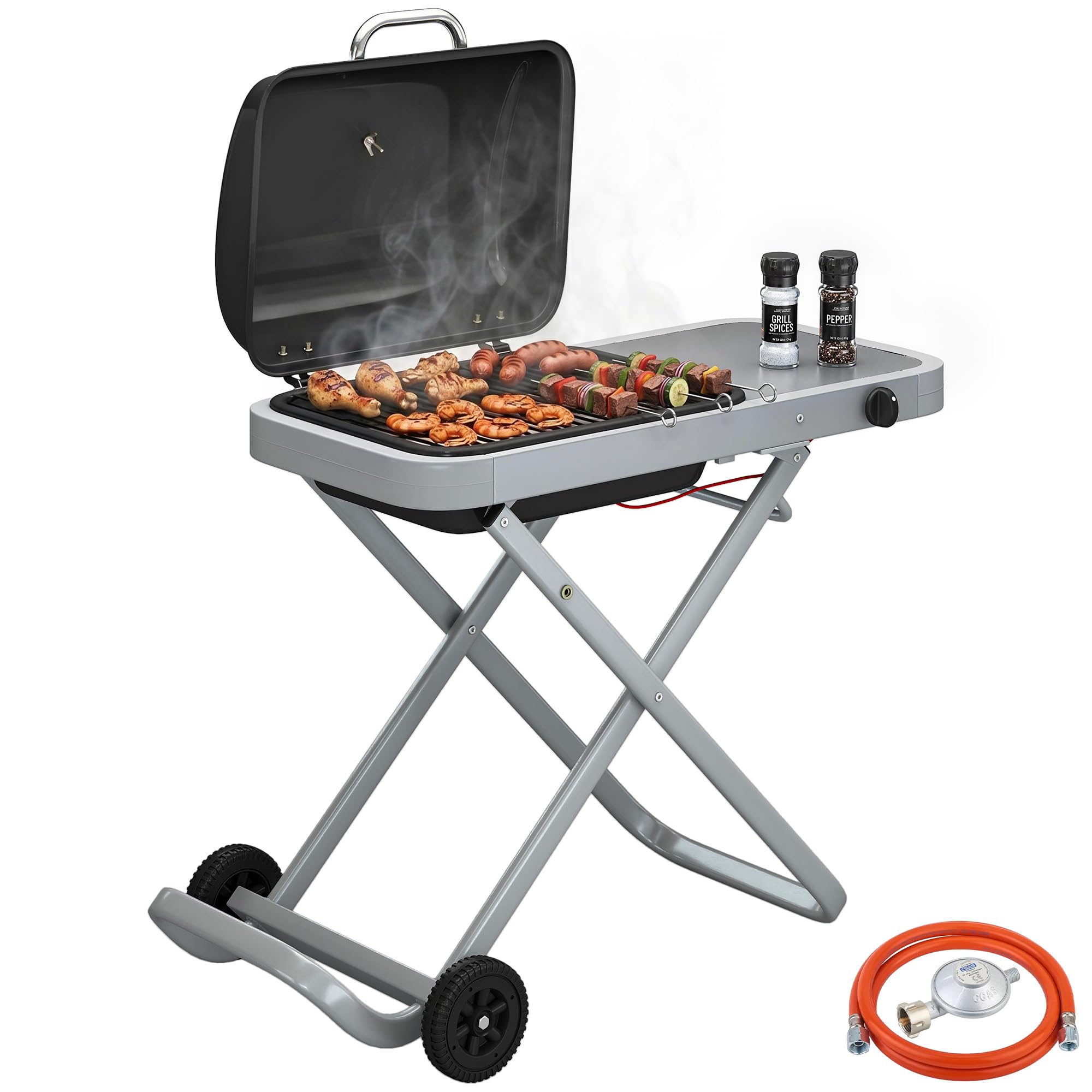 Outsunny Barbacoa de Gas Plegable, BBQ Gas con Quemador 2,5 kW, Barbacoa Portátil con Termómetro, Mesa Lateral, Parrilla de Hierro Fundido, Recogedor Grasa y 2 Ruedas para Jardín, Camping, Negro