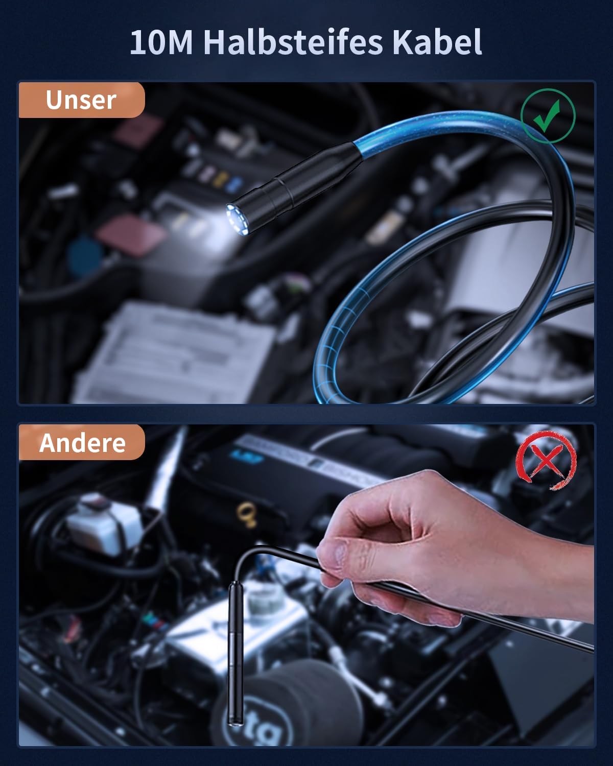 Endoskopkamera mit Licht, AOPICK 4.3" IPS Bildschirm Endoskop mit 10M Halbstarres Kabel, 8mm IP67 wasserdichte Industrielles Inspektionskamera, 1080P HD Rohrkamera mit 8 einstellbaren LEDs
