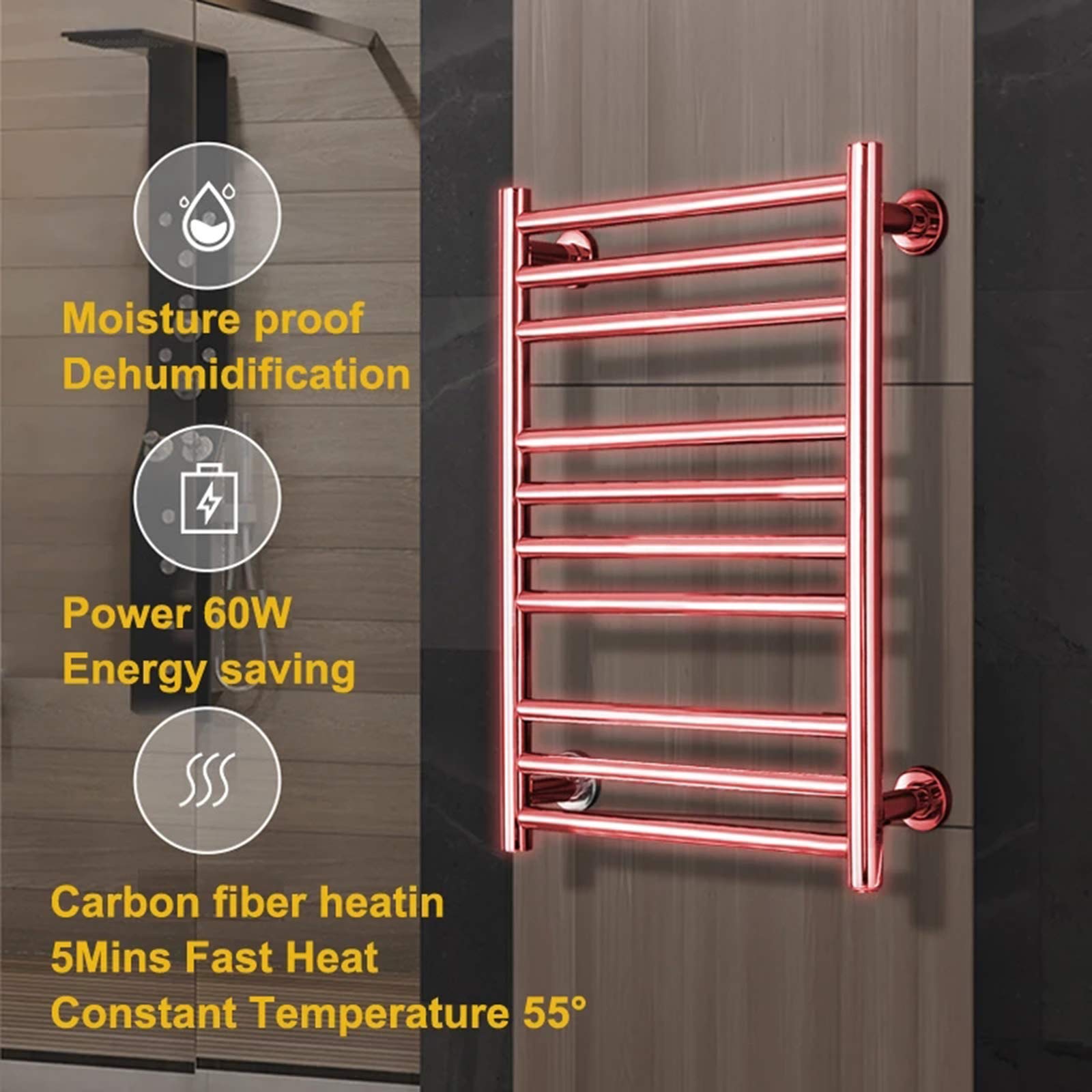 Scaldasalviette elettrico in acciaio inox, 10 bar, per bagno, montaggio a parete o soluzione efficiente per asciugare i panni, cablato e dal design pratico