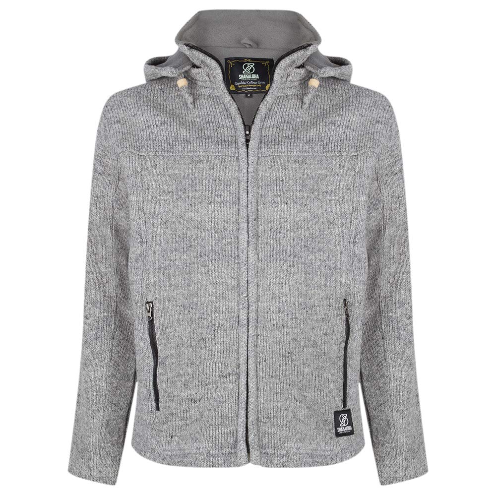 SHAKALOHA - Unifarbene Strickjacke Wolljacke mit Kapuze für Herren - Navigator in grau - im fairen Wettbewerb in Nepal hergestellte Wolljacke mit fleecegefütterter Kapuze