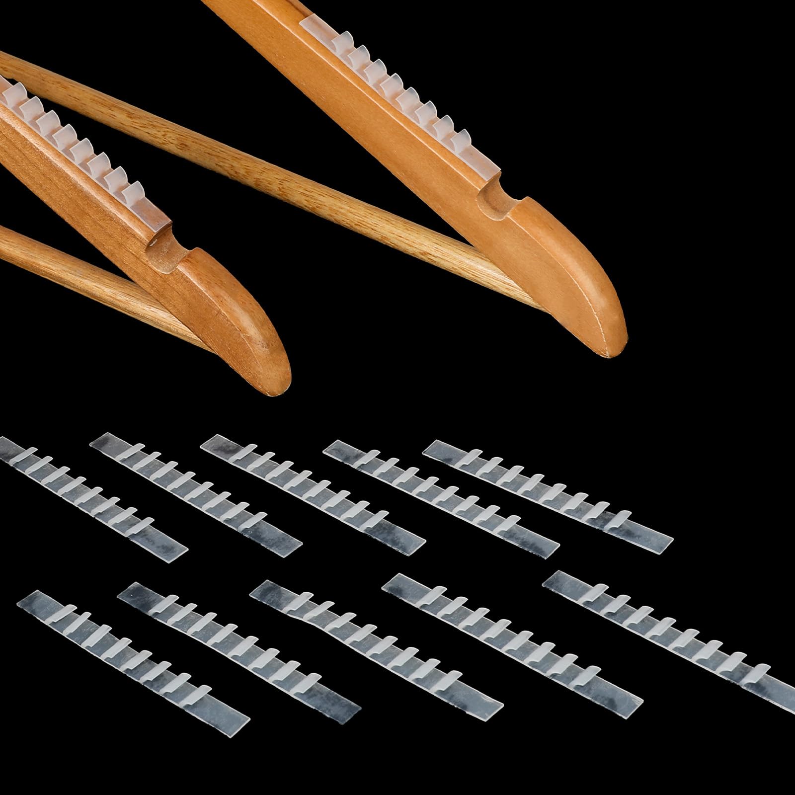 COMNICO Empuñaduras transparentes antideslizantes, 228 tiras adhesivas con aletas de 2.76 x 0.28 pulgadas para perchas de madera y ropa