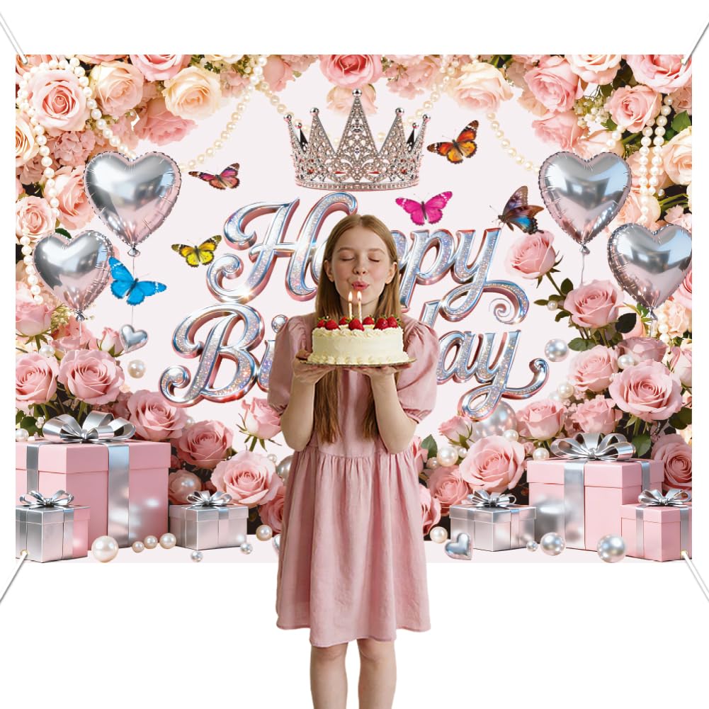 WADORN Happy Birthday Decoration Backdrop, 4.9x6.6Ft Pink Crown Flowers Gifts Birthday Party Banner Backdrops Woman Girls Birthdays Photography Background Photo Booth Props for Ceremony Decors