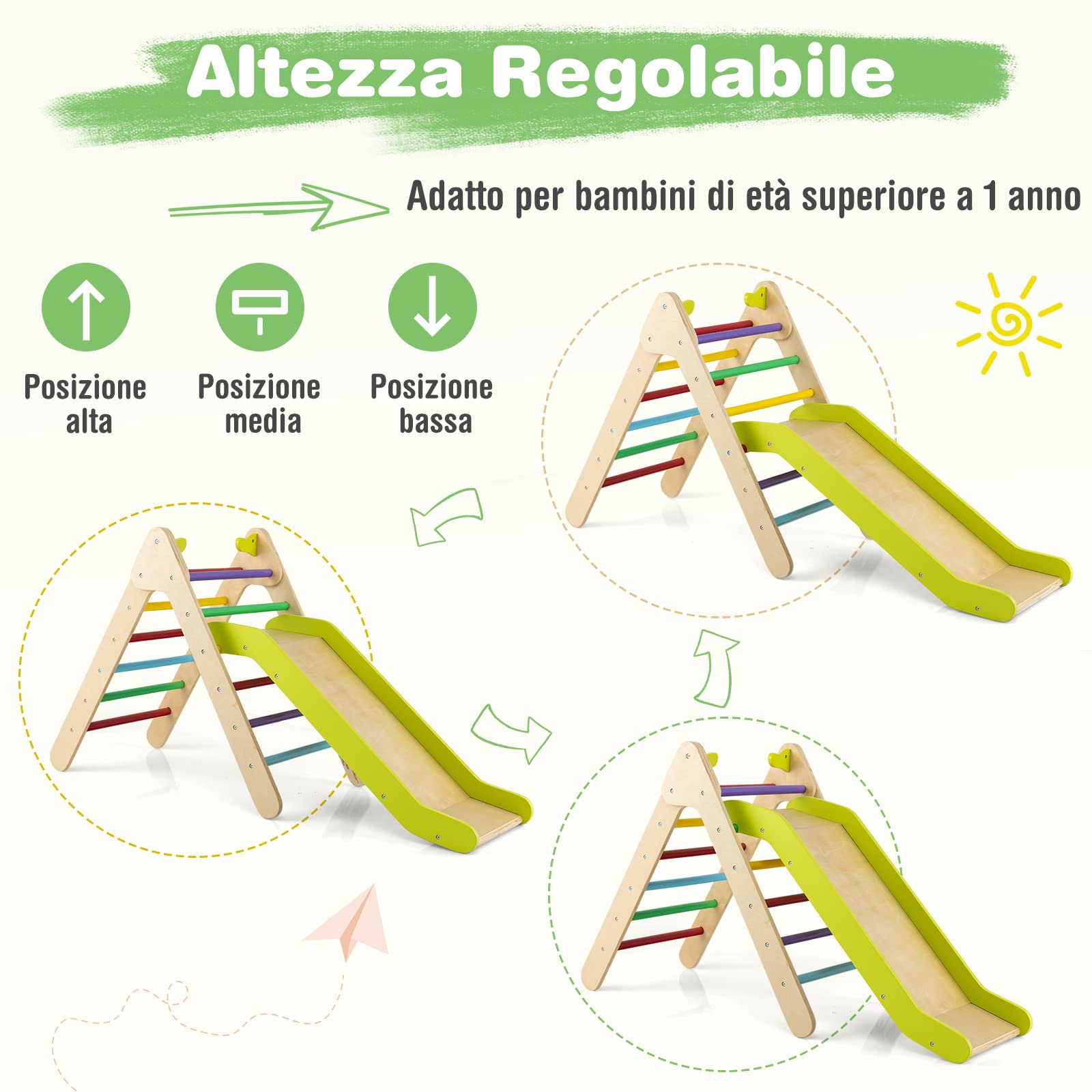 COSTWAY 2 in 1 Set da Arrampicata con Scivolo per Bambini, Triangolo di Arrampicata in Legno Regolabile a Gradi, Giocattolo per Arrampicarsi all’Interno, 1 Anno+ (Colorato)
