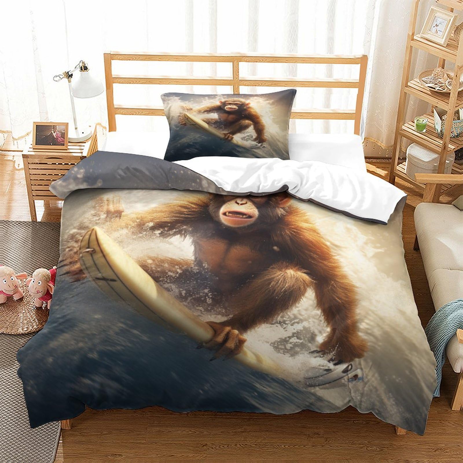 P1S9U7W5Y Dynamic Surf Monkey 3D Printed Microfiber 3 Piece Duvet Cover Set for Teens Bedroom Decor Monkey Bedding Set Soft Breathable Single（135x200cm）