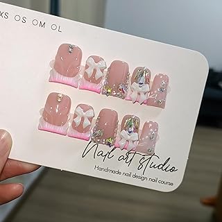 10Pcs Ballerina Press On Nails With Tools,3D Bow Flushed French Tip Fake Nails with Crystals Bow,Icy Pink Duckbill Nails with Glitter Sweet Punk Designs,Acrylic Glue on Nails for Pool Party(M)