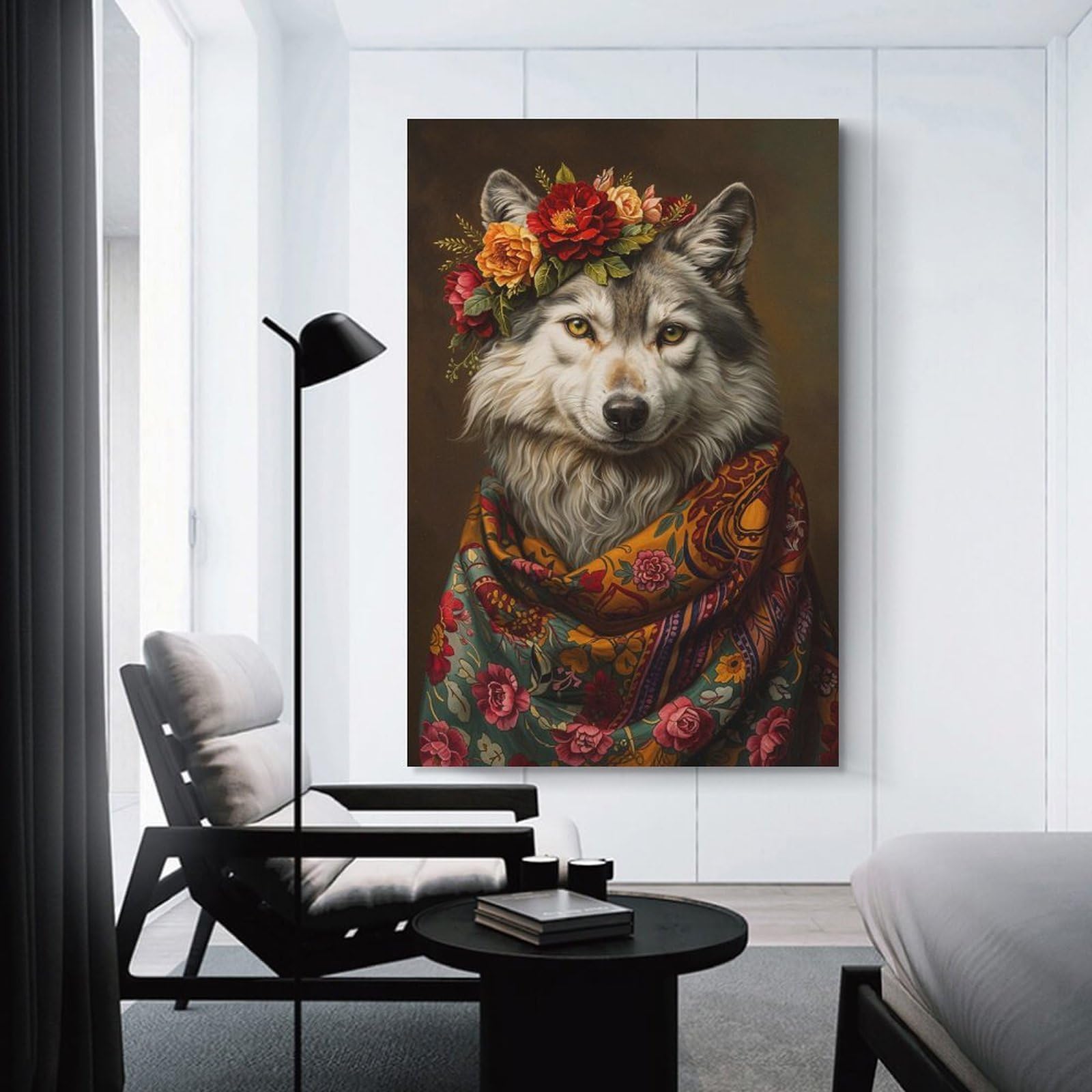 Junmoney Unframe-Style-7 Wolf With Flowers Canvas Wall Art, 12X18inch(30X45cm), For Workspace Walls, Study Corners Or Bedrooms, An Interior Accent For Desk Areas