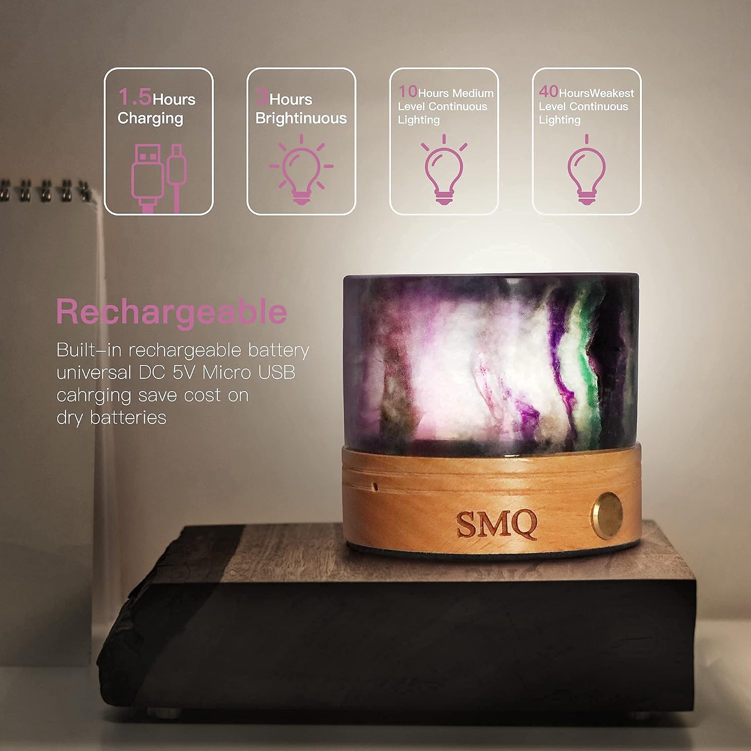 SMQ Rainbow Fluorite Crystal Night Light with USB Charging Port,Handmade Polished Natural Stone Cylindrical Touch Night Lamp with Wooden Base for Living Room,Shelf,Office image 2