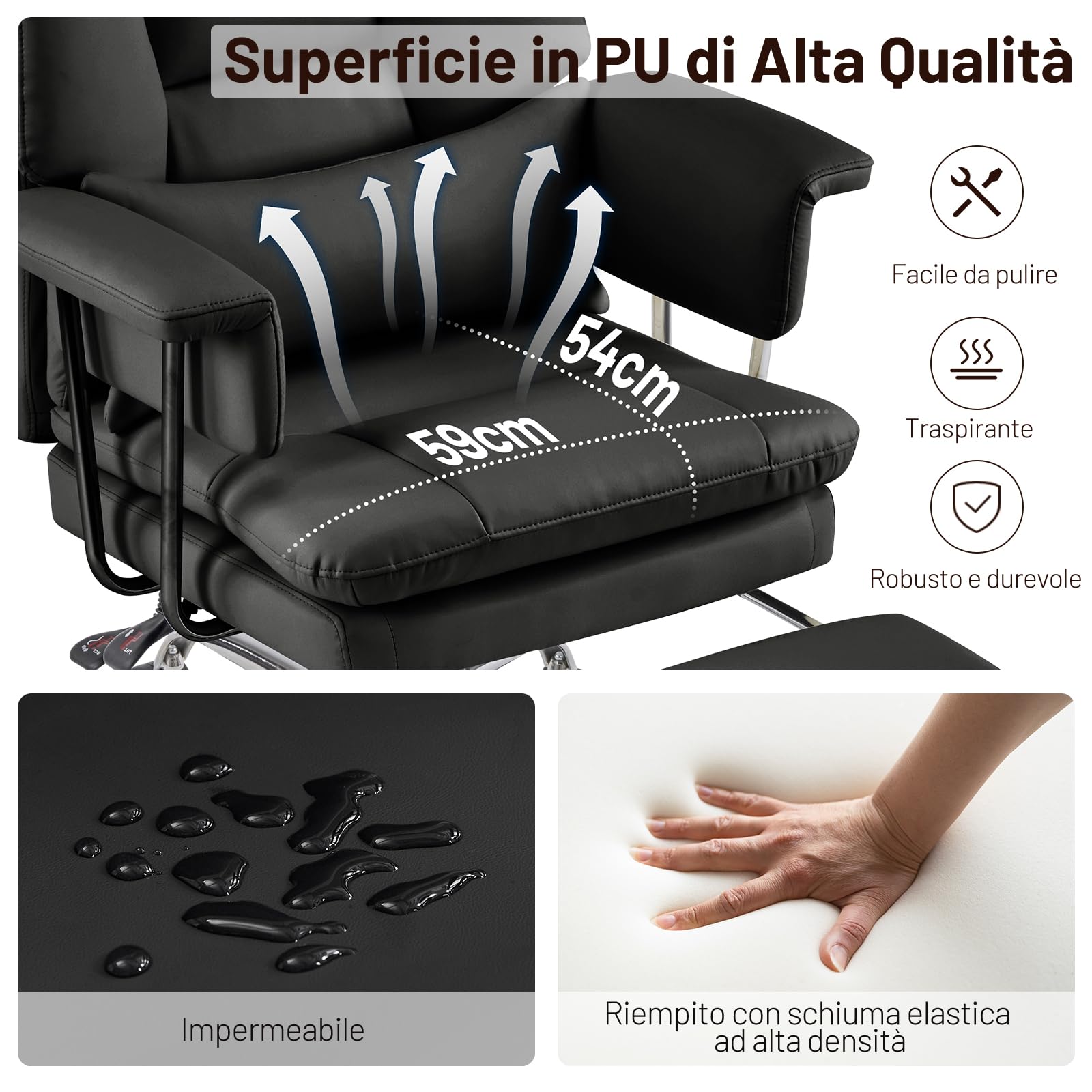 Sedia da Ufficio Direzionale con Poggiapiedi, Poltrona Ufficio Ergonomica Reclinabile in Pelle PU, Sedia da Computer con Cuscino Ispessito e Supporto Lombare 200kg, Nero