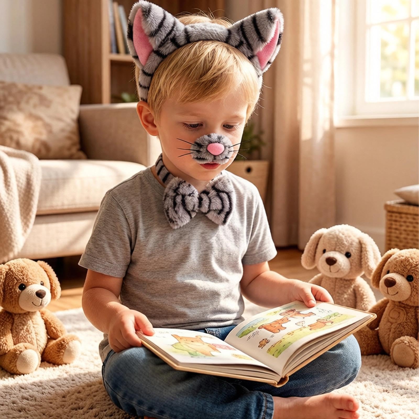 4 pezzi – Set accessori costume da gatto – Cerchietto in peluche grigio tigrato con orecchie, naso, coda e papillon – per bambini e adulti – Per Halloween, feste a tema, ecc.