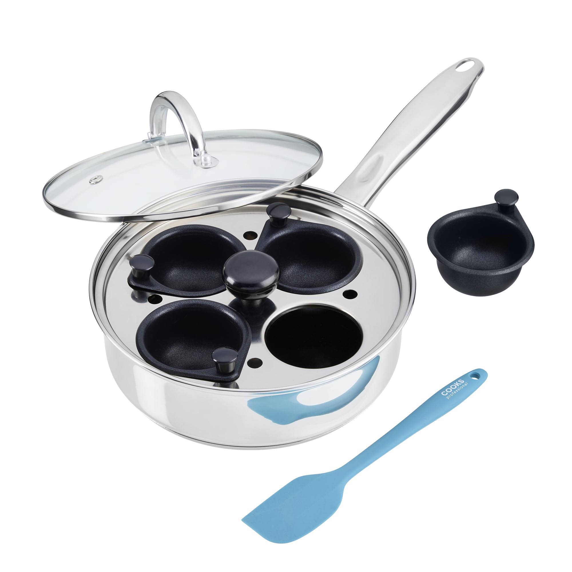 Cooks Professional 4 Cup Stainless Steel Egg Poacher Pan with Spatula, Glass Lid, Non-Stick Coating & Stay Cool Handles | Versatile Egg Poaching or Sauté Cooking Pot | Suitable for All Hobs