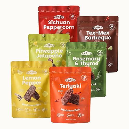 Miniatura 16 de Mourish Vegan Mushroom Bites - Trío de aventuras picantes, paquete de 3 (2 onzas), buena fuente de proteína y fibra, carne seca a base de plantas