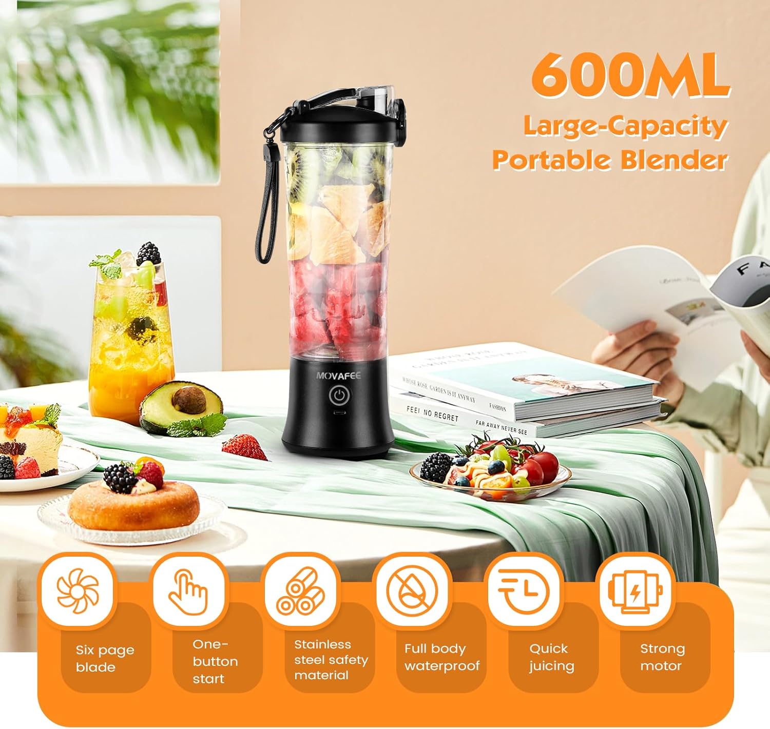 Portable Blender, 600ML Personal Blender for Shakes and Smoothies Mini USB Rechargeable, Two Blend Modes, 20 oz Handheld with 6 Ultra-sharp Blades Travel, Office Sports BLACK (A9)