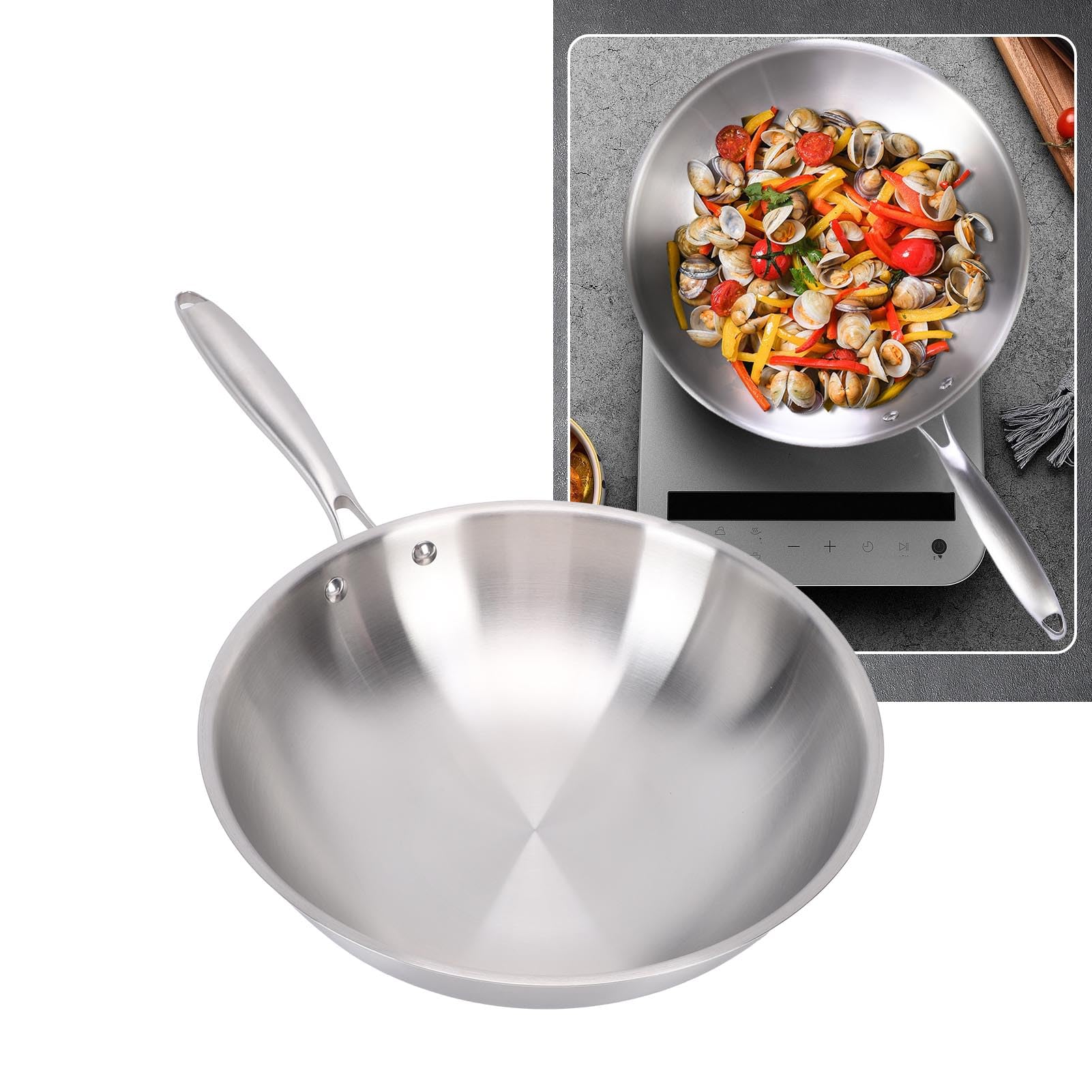 Qcwwy Wok, Utensilios de Cocina con Distribución Eficiente del Calor Sartén Wok de Fondo Plano Sartenes Antiadherentes de Acero Inoxidable Sartenes Antiadherentes Apto para (32CM)