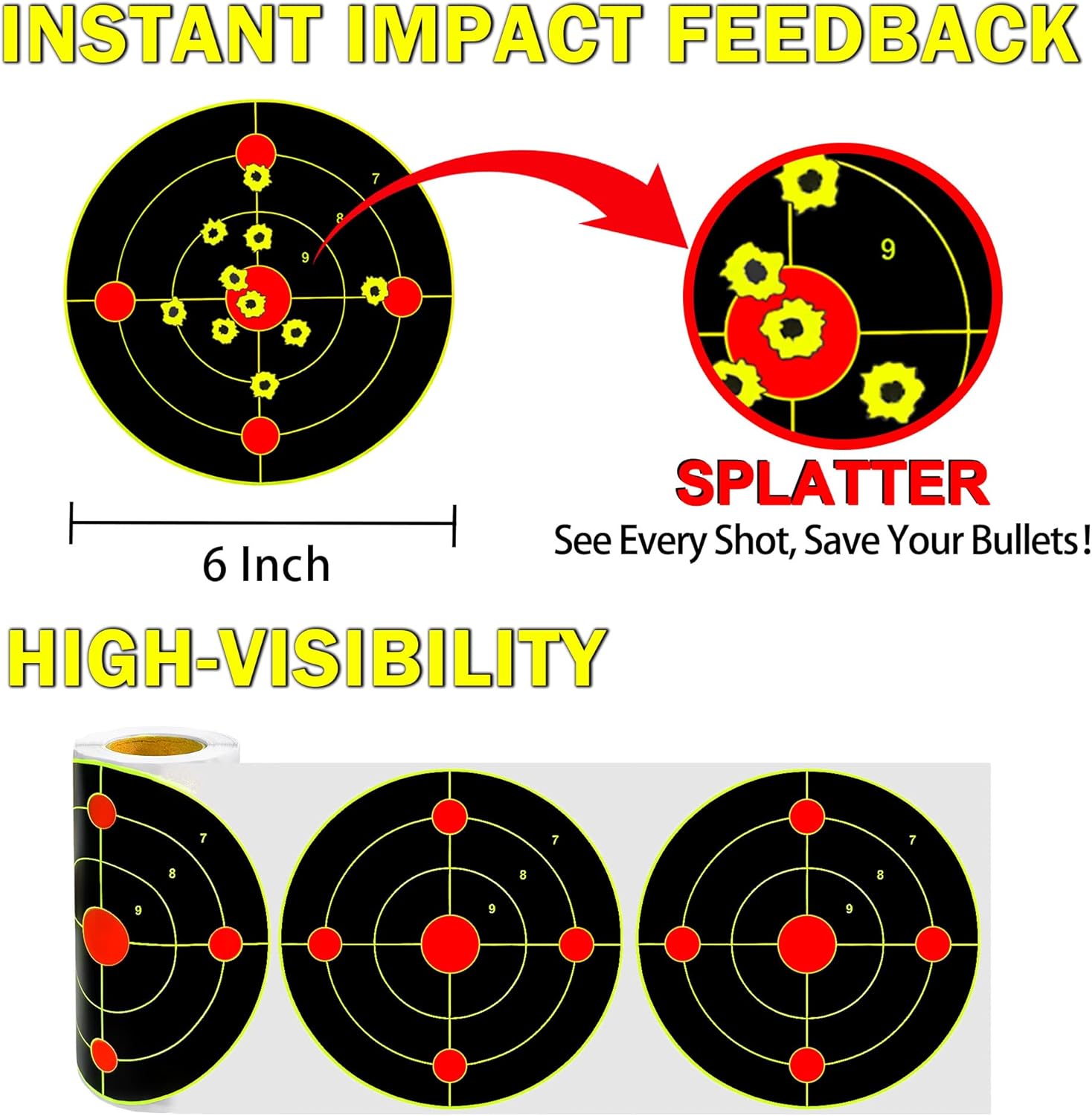 6'' Splatter Targets, 100 Pcs Shooting Targets for Shooting Range, Self Adhesive Paper Target Stickers with Bright Yellow Upon Impact for Gun, Rifle, Airsoft, Outdoor Shooting Practice