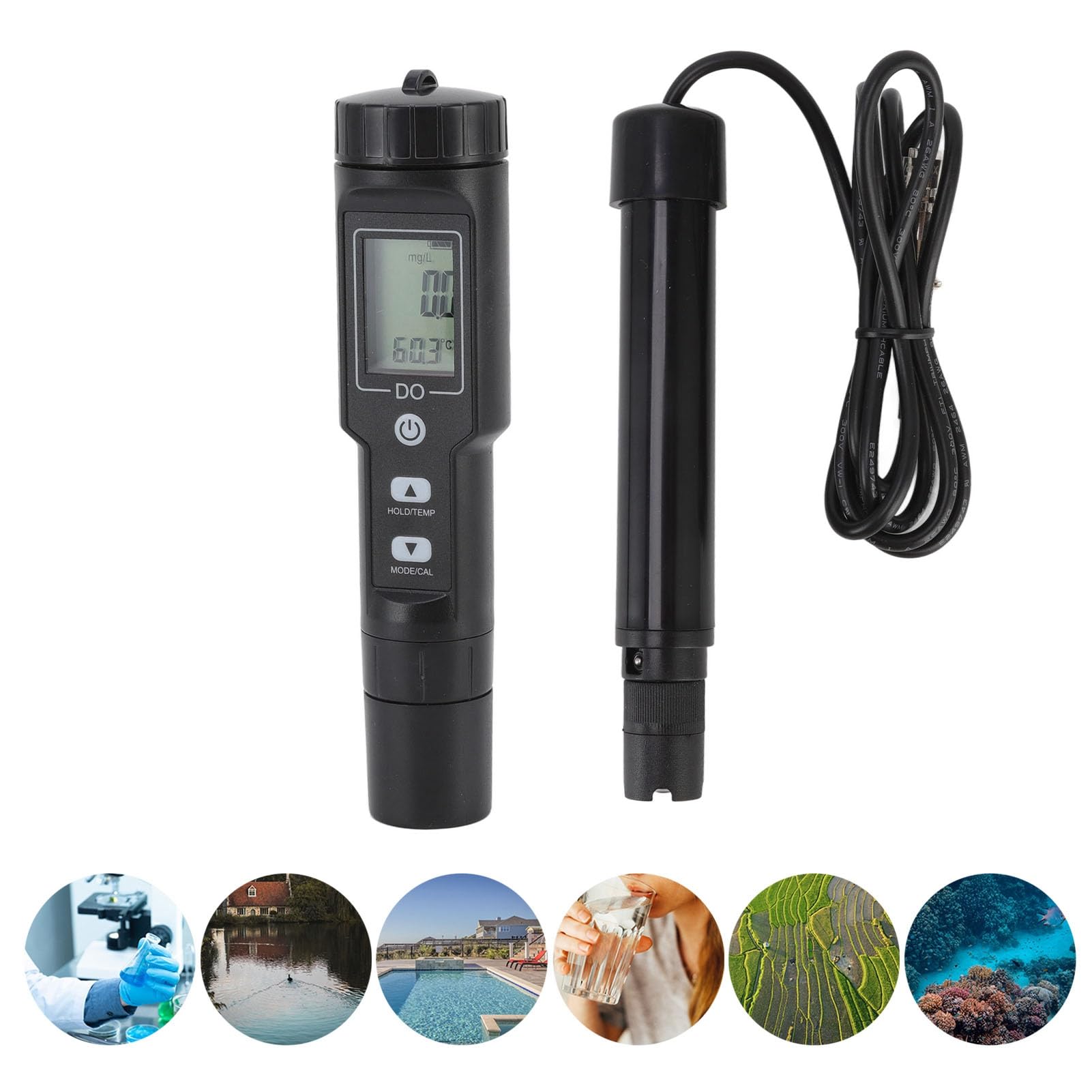 Annadue Medidor de Oxígeno Disuelto, Probador de Medidor de OD Portátil, Pantalla Digital, Sensor de Sonda Desmontable para Acuario, Experimento, Prueba de Agua de Investigación (sin retroiluminación)