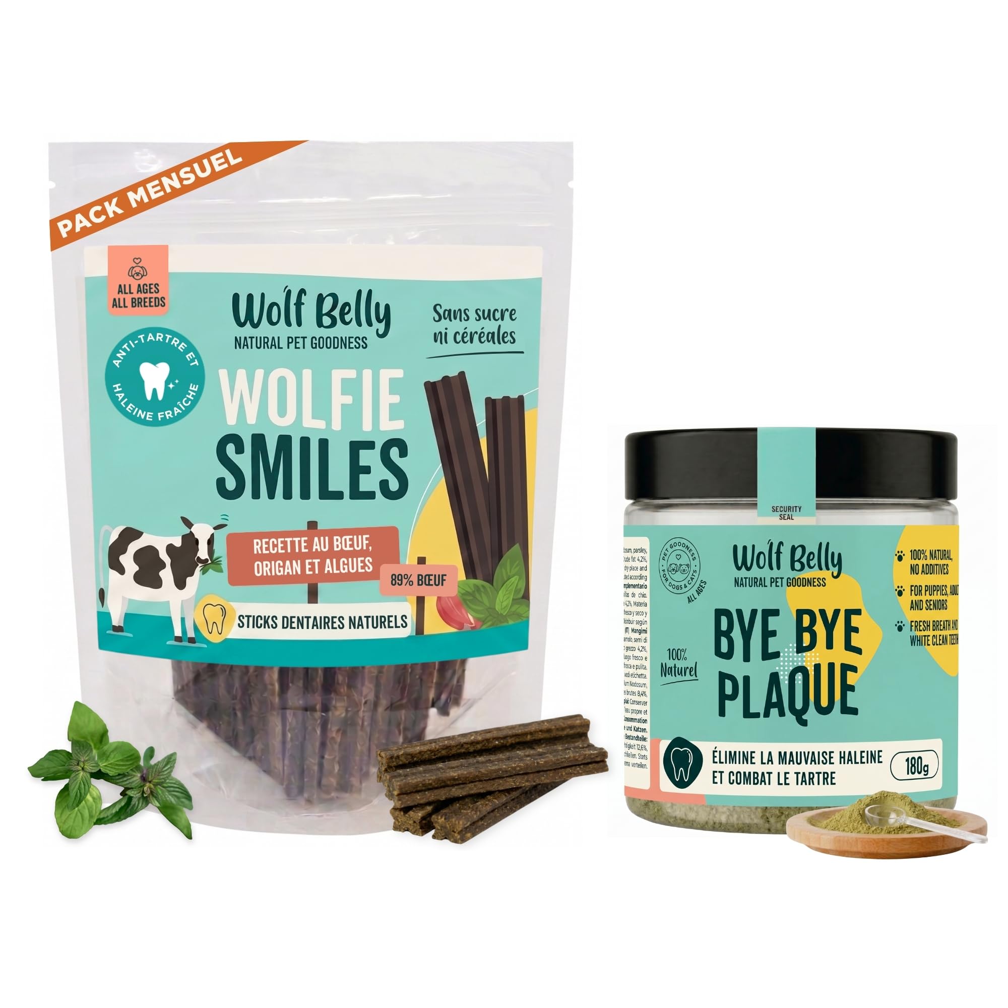 Wolf Belly - Pack d'Hygiène Dentaire Naturelle pour Chiens | Stick Dentaire au Bœuf 89% (28 unités) + Bye Bye Plaque - Fabriqué en UE