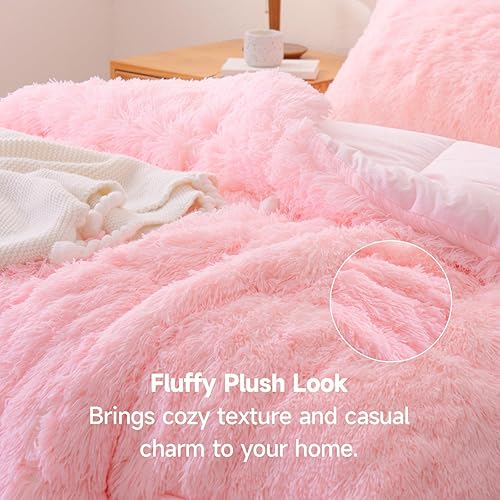 Miniatura 5 de Juego de edredón de felpa suave color rosa, juego de 3 piezas de pelo sintético esponjoso con relleno de fibra elástica (1 edredón + 2 fundas de