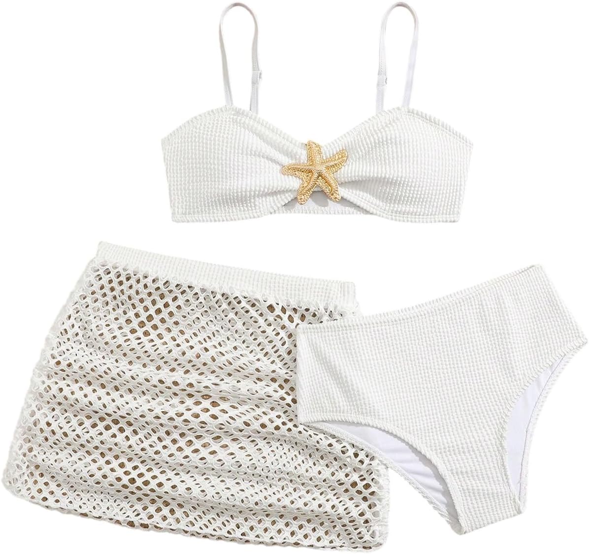 Verdusa Girl's 3 Piece Bikini Sets Metal Starfish Swimsuits Cute Bathing Suit with Beach Cover Up Skirt