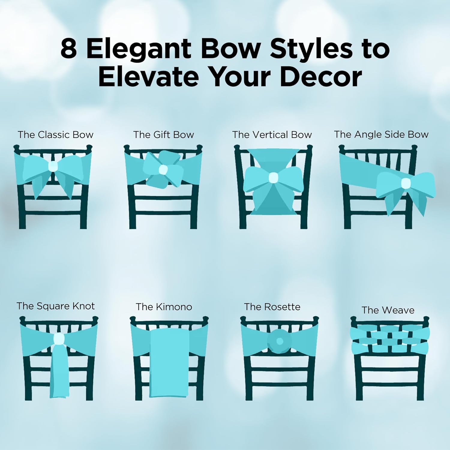 Satin Bow Sash Chair Cover Decoration - Elegant Sashes for Weddings, Banquets, Receptions, Special Events, Restaurants, and Parties - 28 Available Color Choices, Set of 100, Turquoise