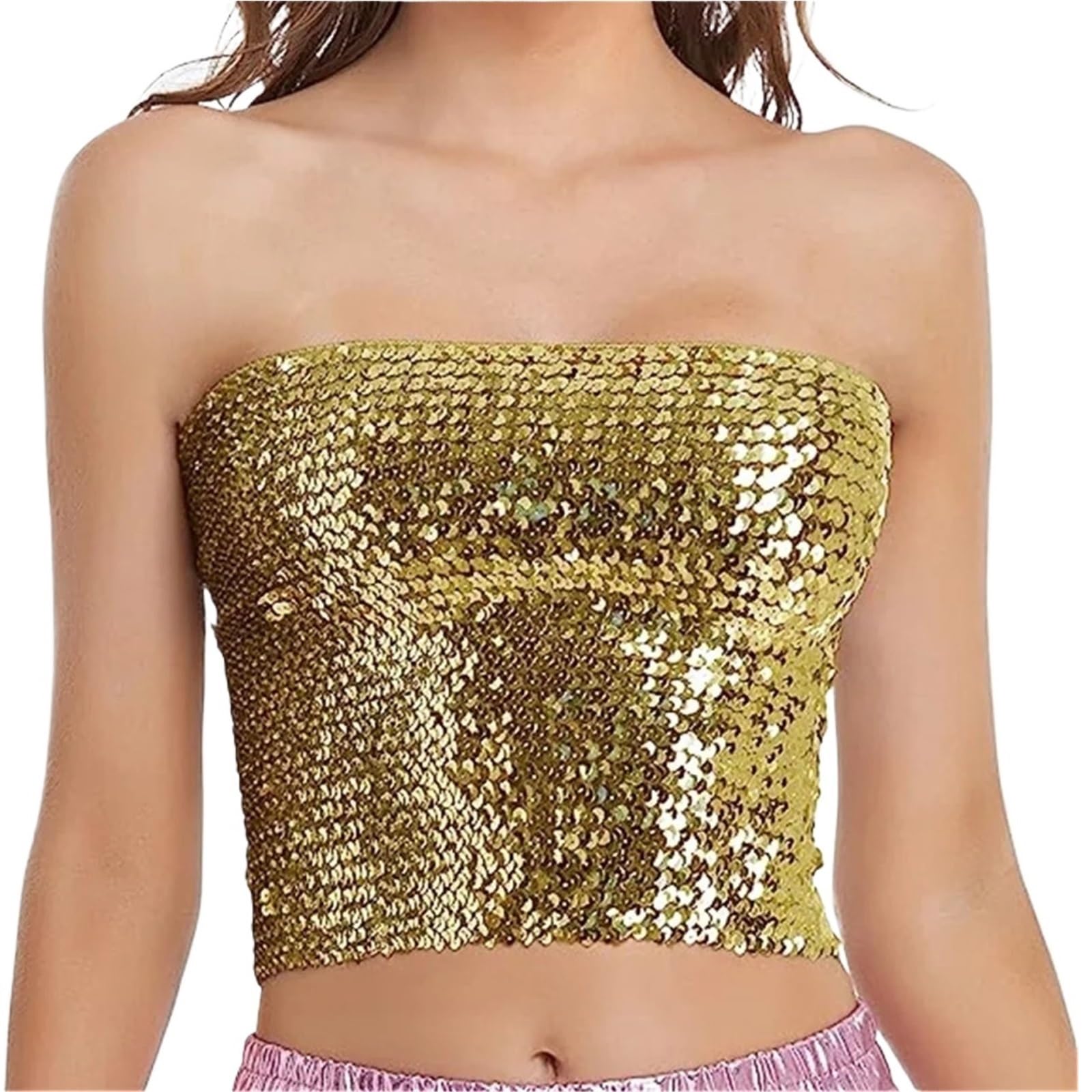 Top con Paillettes Top Corto da Donna a Sirena con Paillettes Scintillanti, Top a Tubo Metallizzati Senza Spalline for Feste e Clubwear