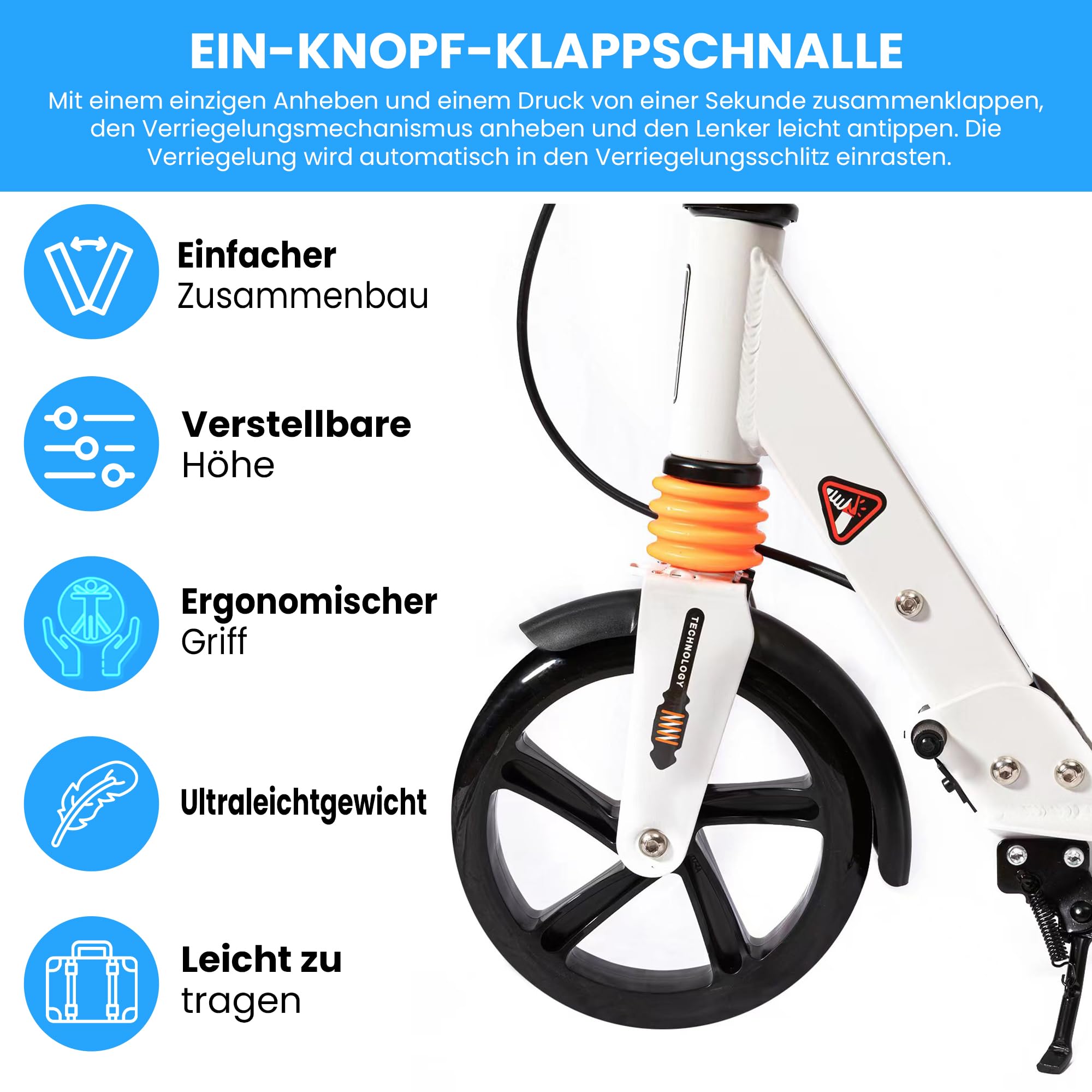 Habib Gruppe Patinete urbano para adultos, de aluminio no eléctrico, plegable, ruedas grandes de 200 mm, con doble suspensión, freno de mano regulable en altura, 100 kg de carga a partir de 14 años
