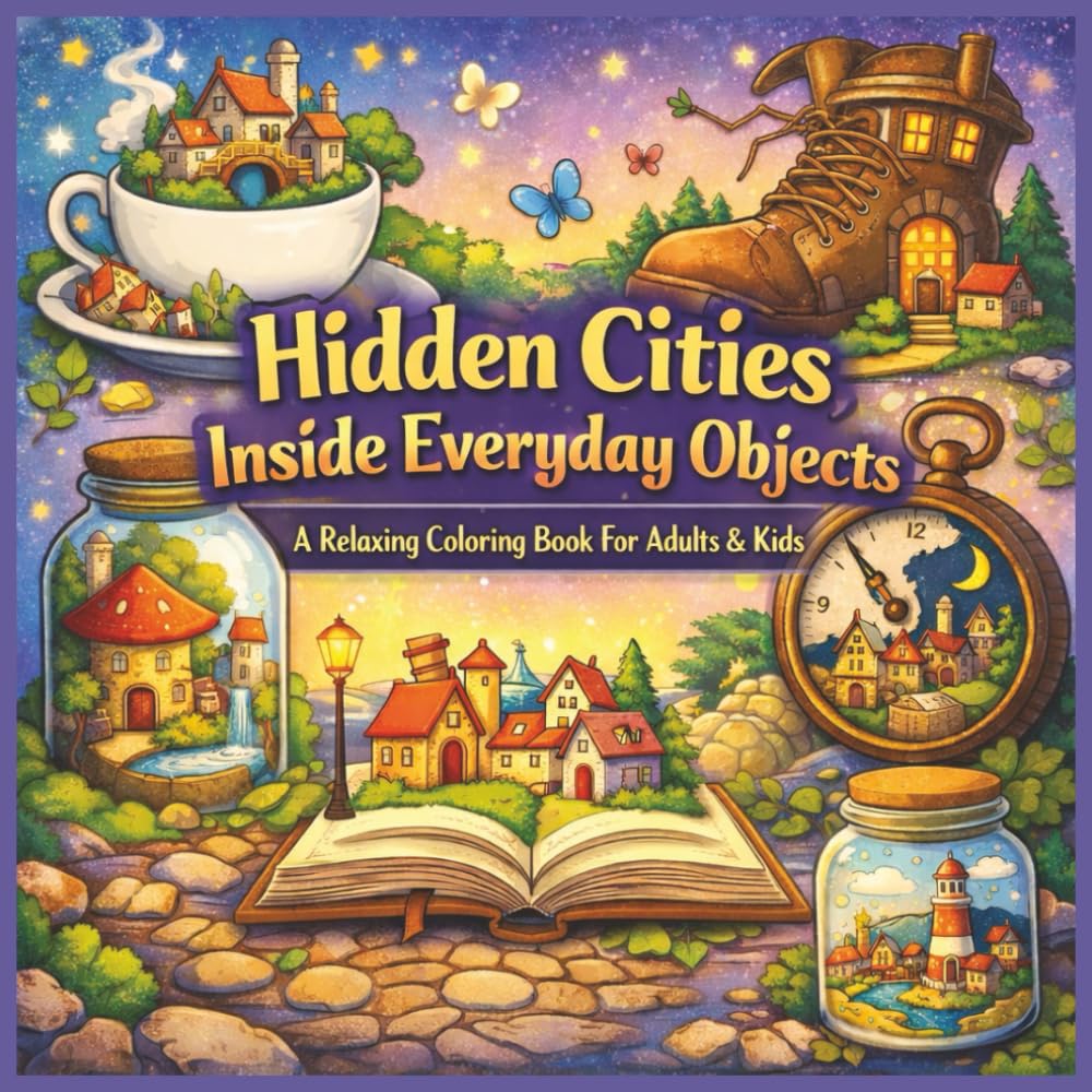 Hidden Cities Inside Everyday Objects: A Relaxing Coloring Book For Adults & Kids