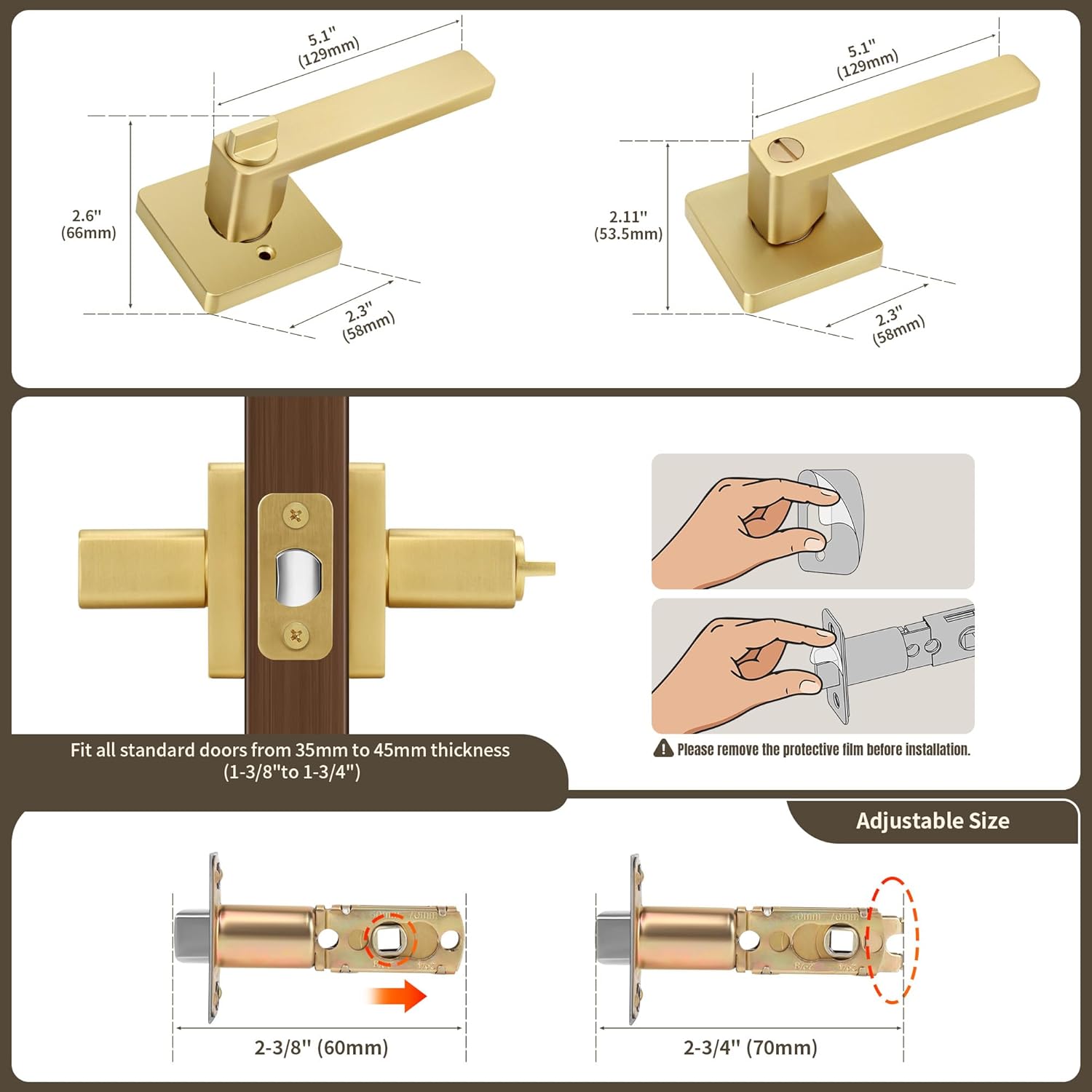 Moquin Privacy Gold Door Handle with Lock, Keyless Heavy Duty Square Interior Door Lever for Bathroom or Closet, Satin Brass, 5 Pack
