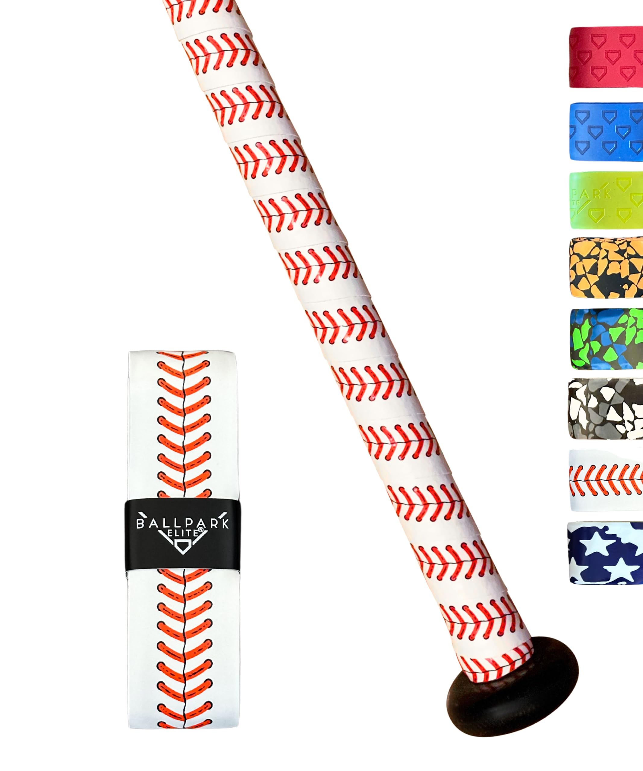 Ballpark Elite Bat Grip Tape for Baseball/Softball | 1.10 MM Precut Baseball Bat Grip Replacement | Red and White Baseball Stitch