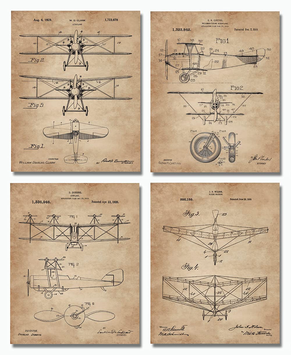 Pilot Gifts For Men Aviation Decor Airplane Aviation Biplane Model Glider Vintage Airplane Decor Red Baron Plane Set of 4 (8x10) Unframed Wall Art Prints Gifts For Pilots In Training