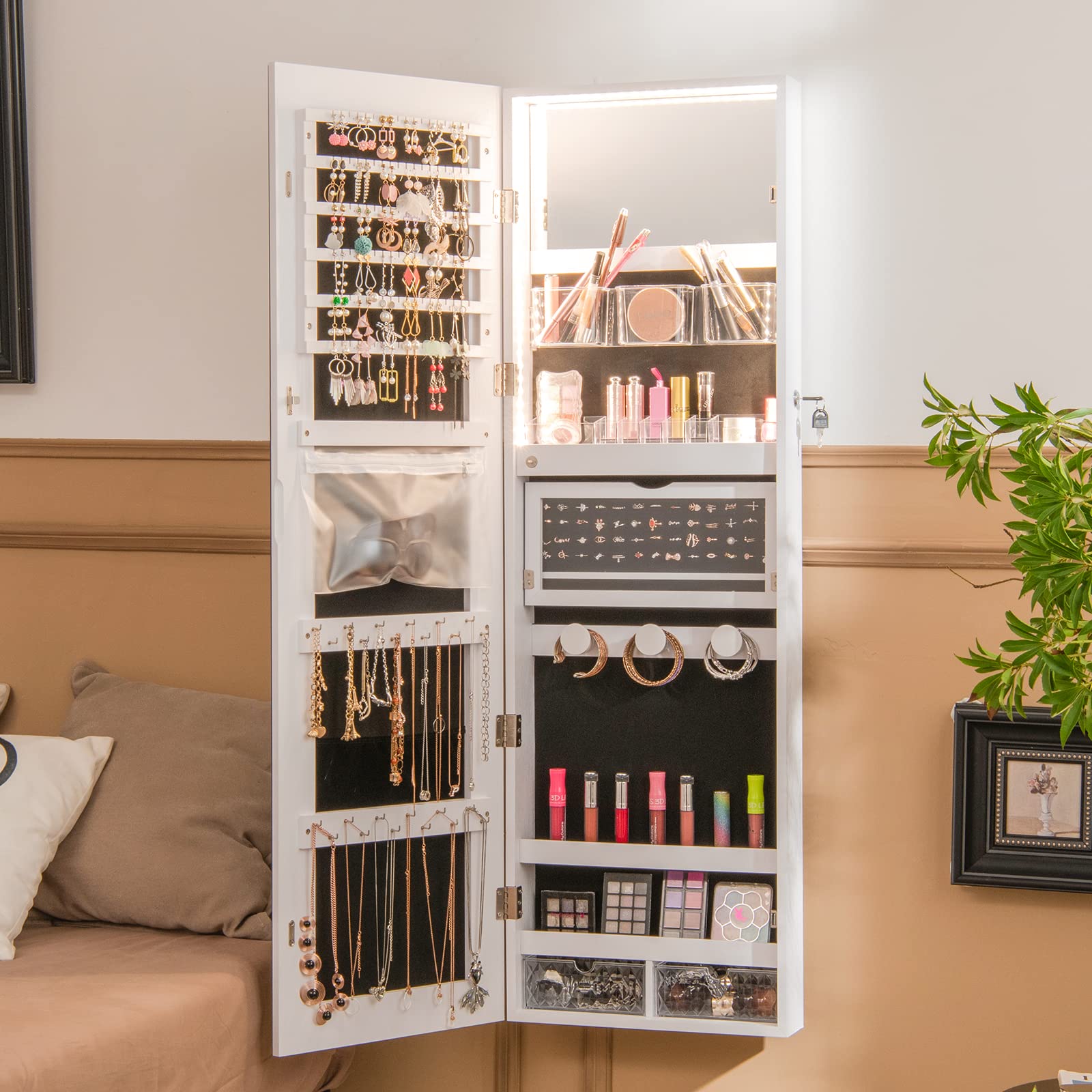 COSTWAY Armario Joyero con Espejo de Puerta para Joyas con Cerradura y Luces de 3 Colores - Espejo Interior con Estante Plegable y Cajas de Almacenamiento de Plástico (Blanco)