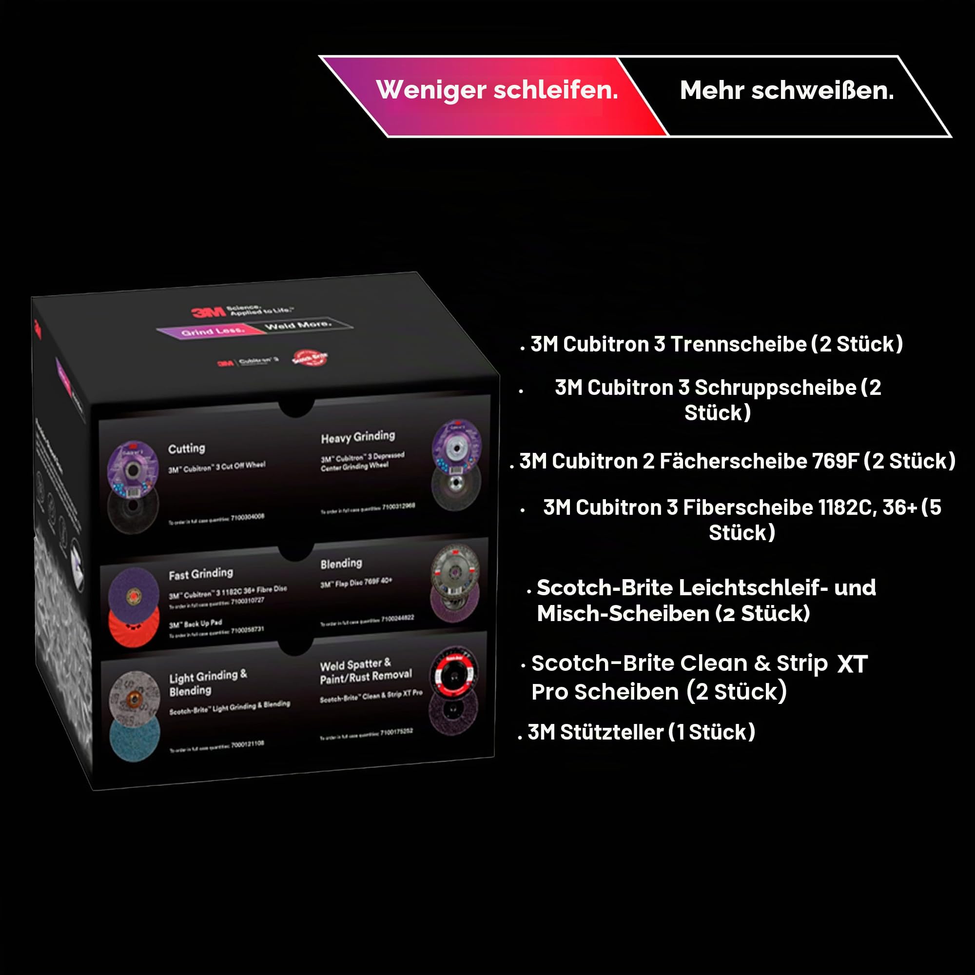 3M Grind Less Weld More Promo Kit, 67115, 11,4 cm Scheiben, 16-teiliges Schweißset zum Schneiden, Schleifen, Mischen, Finishing, Rostentfernung, Entgraten