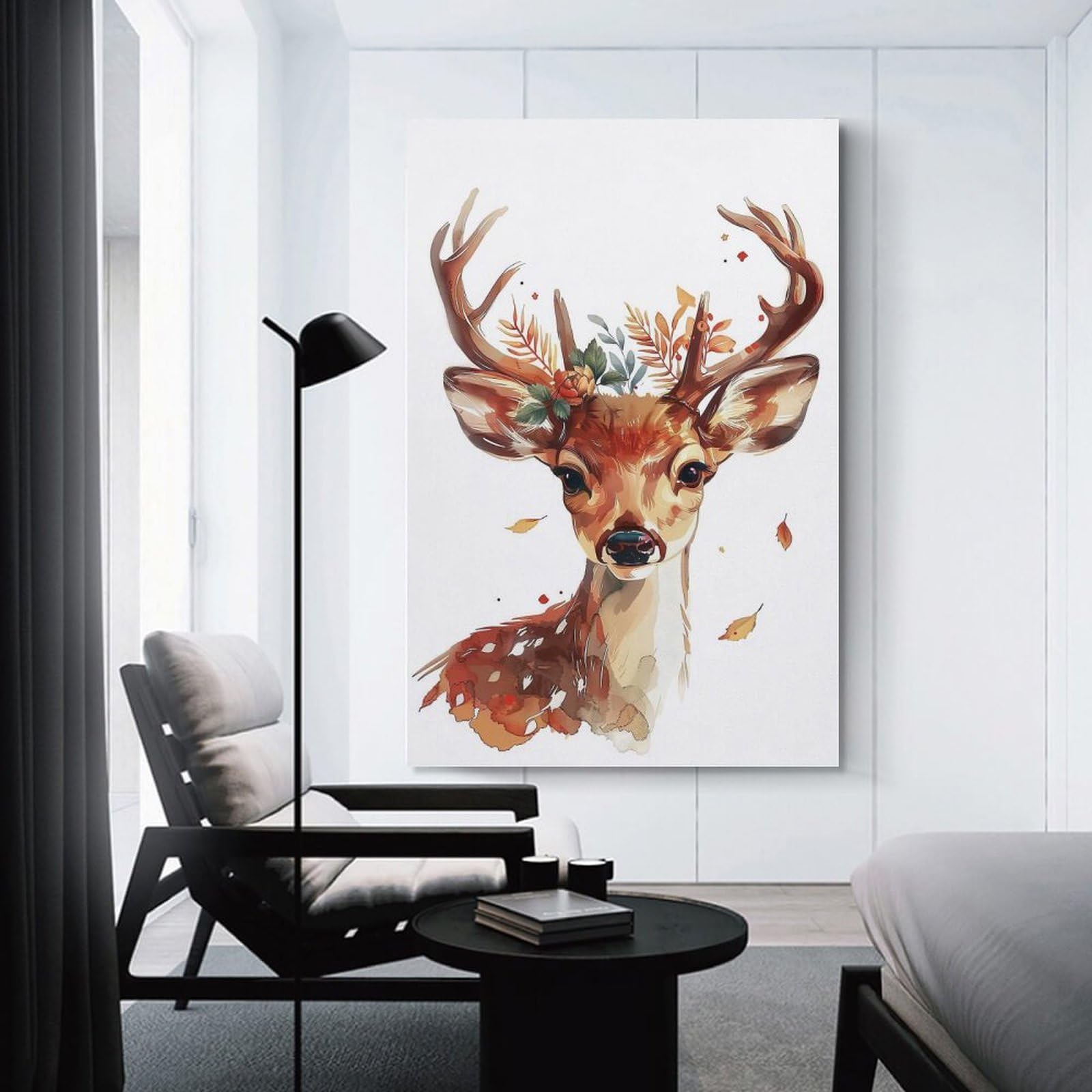 Junmoney Reindeer Flower Canvas Wall Decor 24x36inch(60x90cm), for Home Lounge, Bedroom Or Reading Nook, A Home Accent with Warm Character