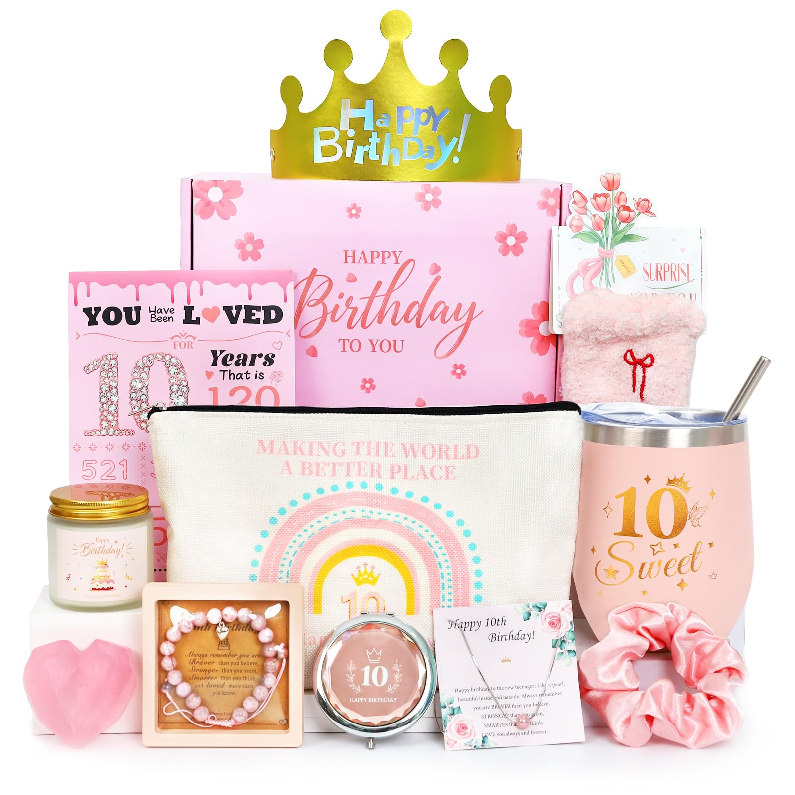 duludulu 10th Birthday Gifts for Girls, Happy 10 Year Old Pampar Gift, Unique Sweet Presant Set Age 10 Best Hampper Present for Her, Double Digit Teenage, Daughter, Grandaughter, Sister, Friends