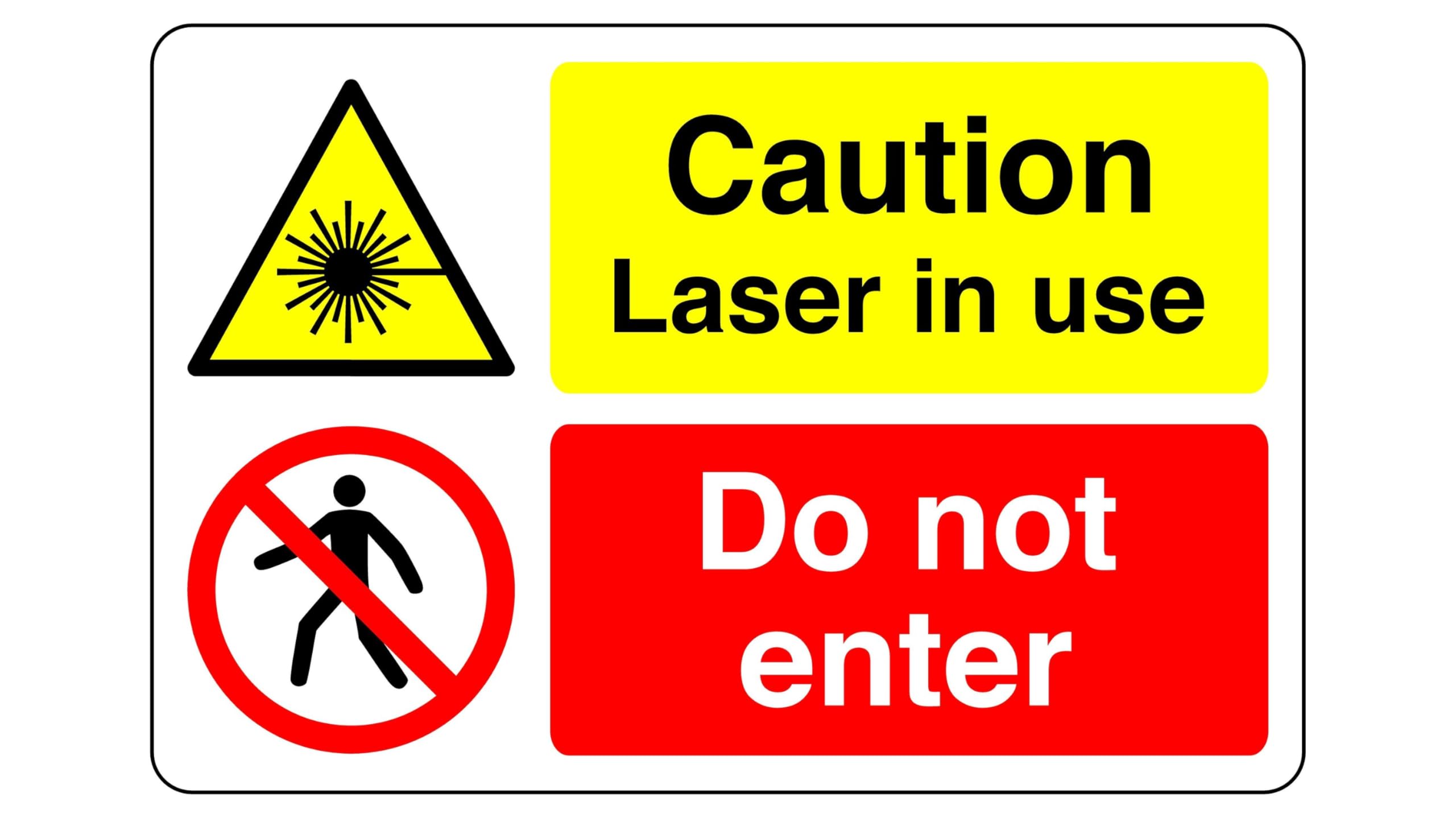 Caution laser in use sign - 1.2mm Rigid plastic for indoor/outdoor usage (300mm x 200mm) Viewing Distance within 7m.
