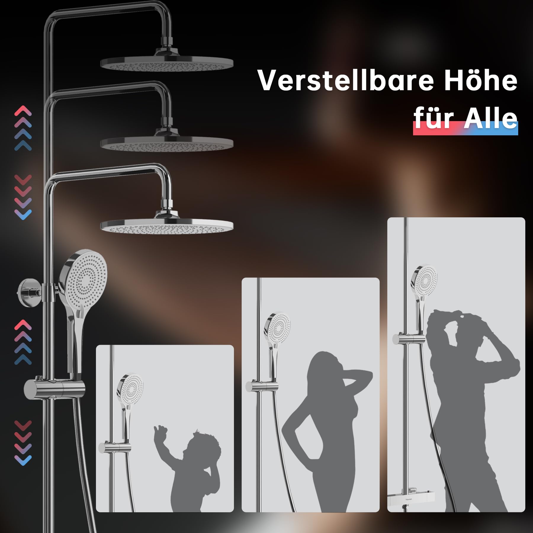 Duschsystem mit Thermostat, Chrom Duscharmatur Komplettset mit 255MM Regendusche, Rund Regendusche mit Armatur, Handbrause 3 Strahlarten, Duschset mit 110-125 cm Höhenverstellbar