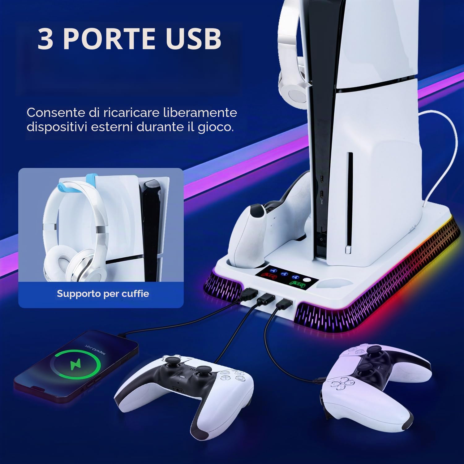 Supporto Verticale con Raffreddamento per PS5/PS5 Pro/PS5 Slim,Base di Ricarica Joystick PS5 per Doppio Caricatore Controller con 3 USB/Ventola a 3 Livelli/luce RGB per accessori PS5 Console