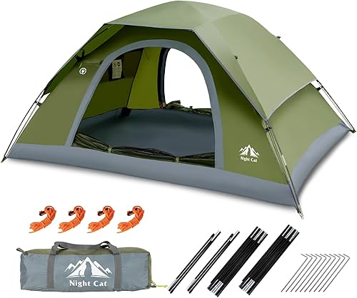 Night Cat Camping Tents 1 2 3 4 Persons - Waterproof Lightweight with Unique Rainfly Easy Clip Setup Double Layers 2 Doors