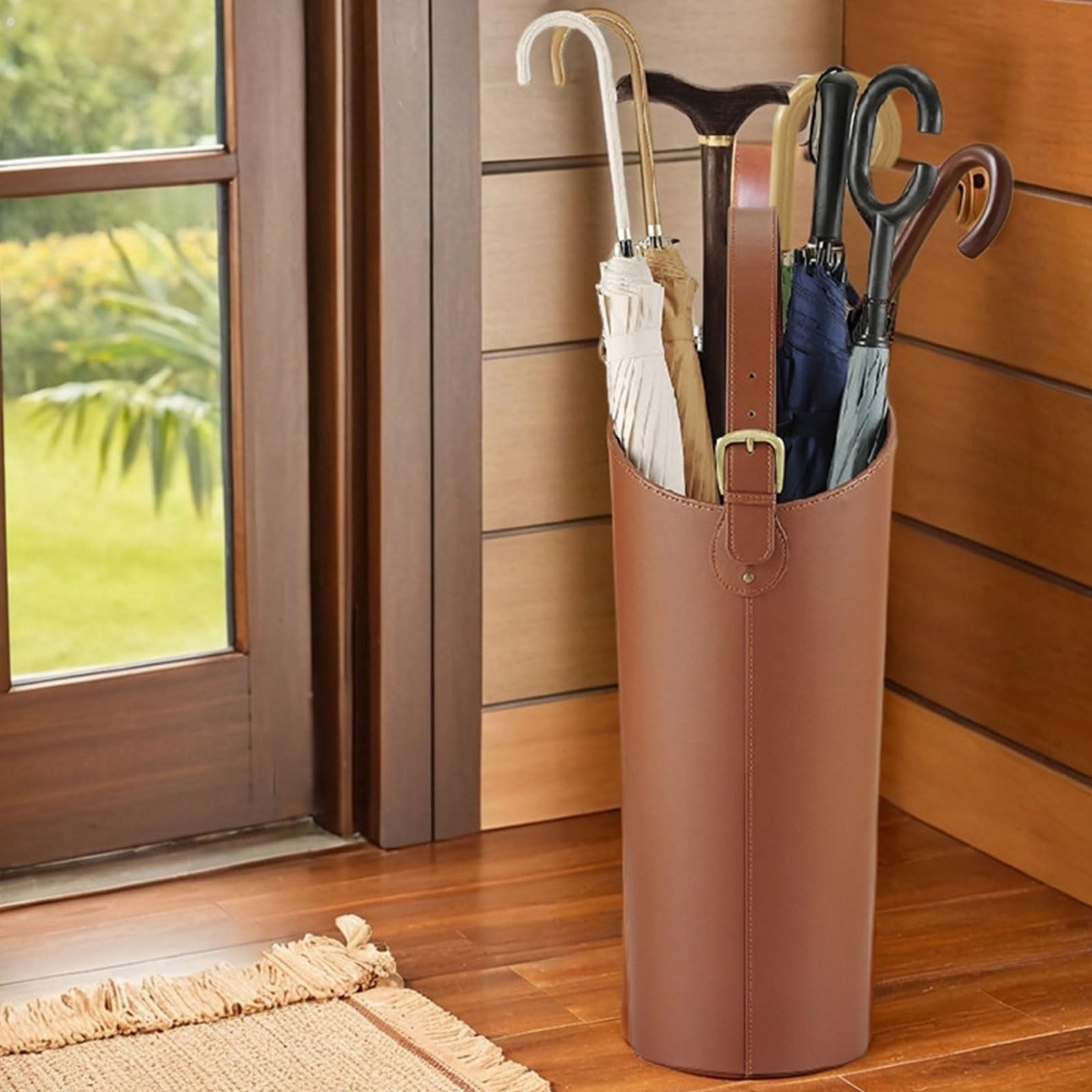 OECETCAWKD Large-Capacity Leather Umbrella Stand, Tall Umbrella Holder with Removable Drip Tray, Umbrellas Storage Bucket for Home, Office,Household Entryway(A)