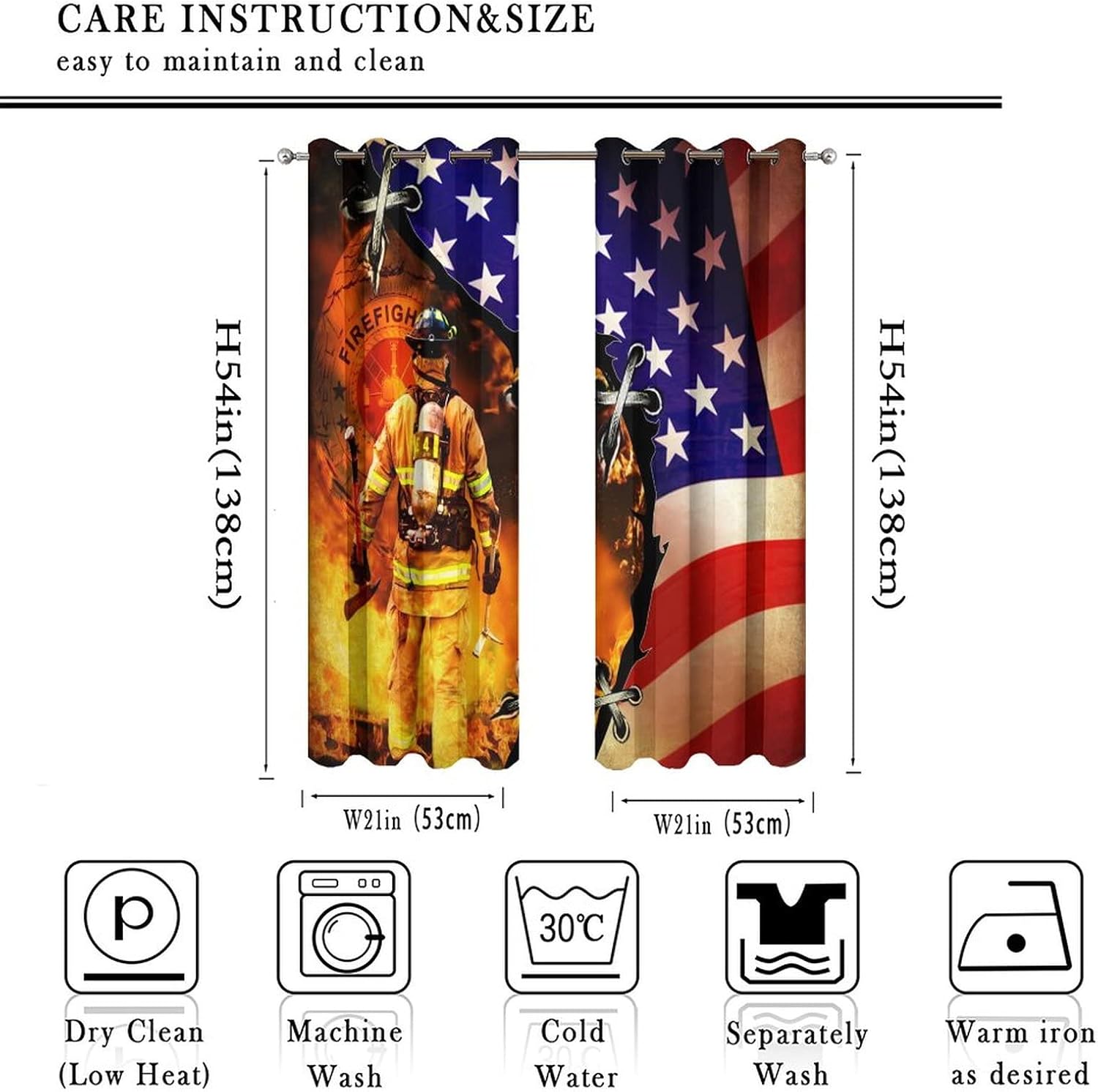American Flag Firefighter Ultra Soft Premier Blackout Curtains,Cool Fireman US Flag PrintThermal Insulated Bedroom Noise Reducing Patio Door Grommet Top,2 Panels 54L x 21W
