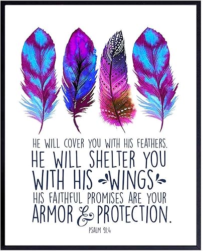 He Will Cover You With His Feathers Wall Art - Psalm 91 - Religious Scripture Bible Verse Wall Decor - Inspirational Christian Gifts for Women,