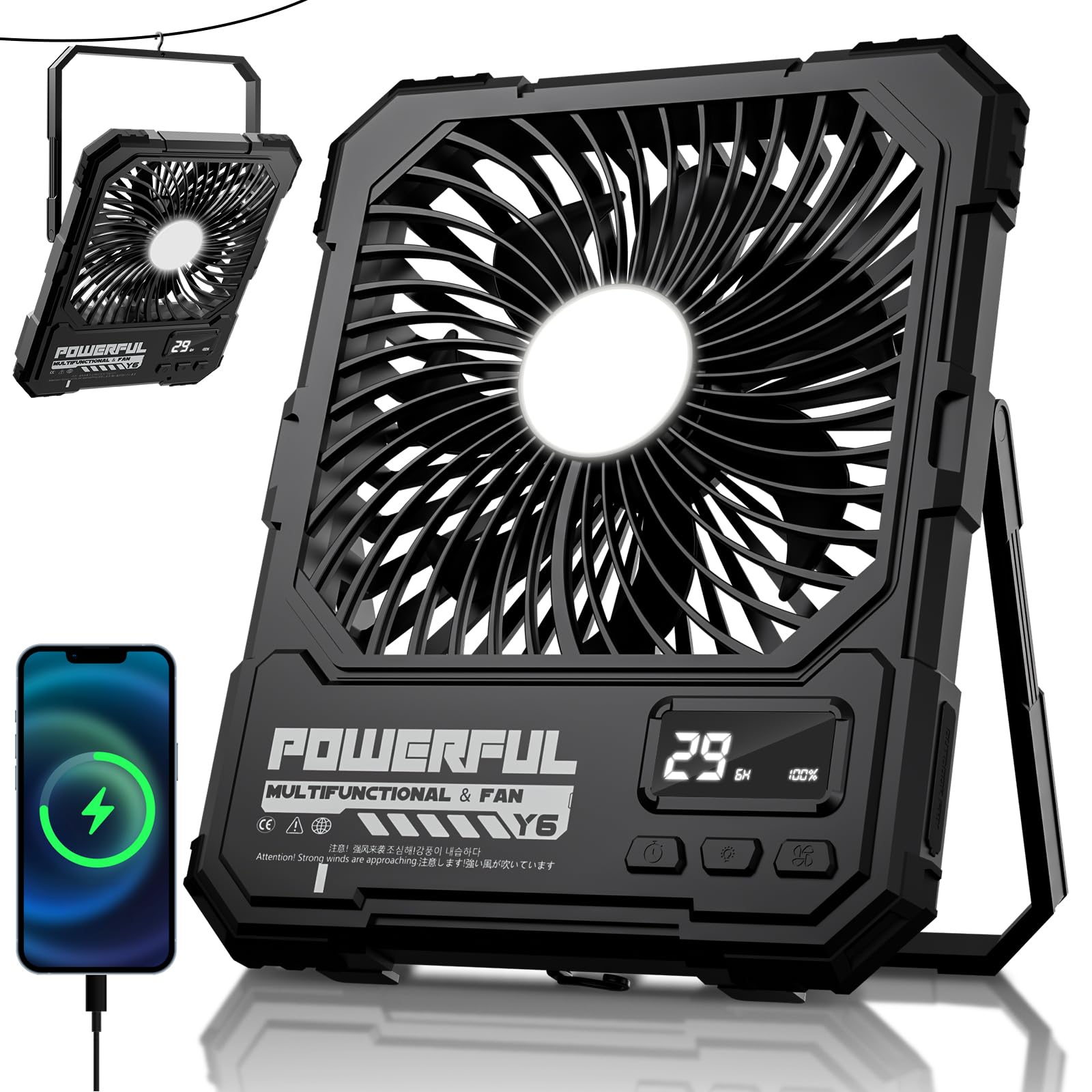 20000mAh Rechargeable Battery Powered Fan, Up to 85H Runtime Rechargeable Fan with LED Light, Ultra-thin Portable Camping Fan for Home, Outdoor, Tent, Travel,Cruise Ship Essentials