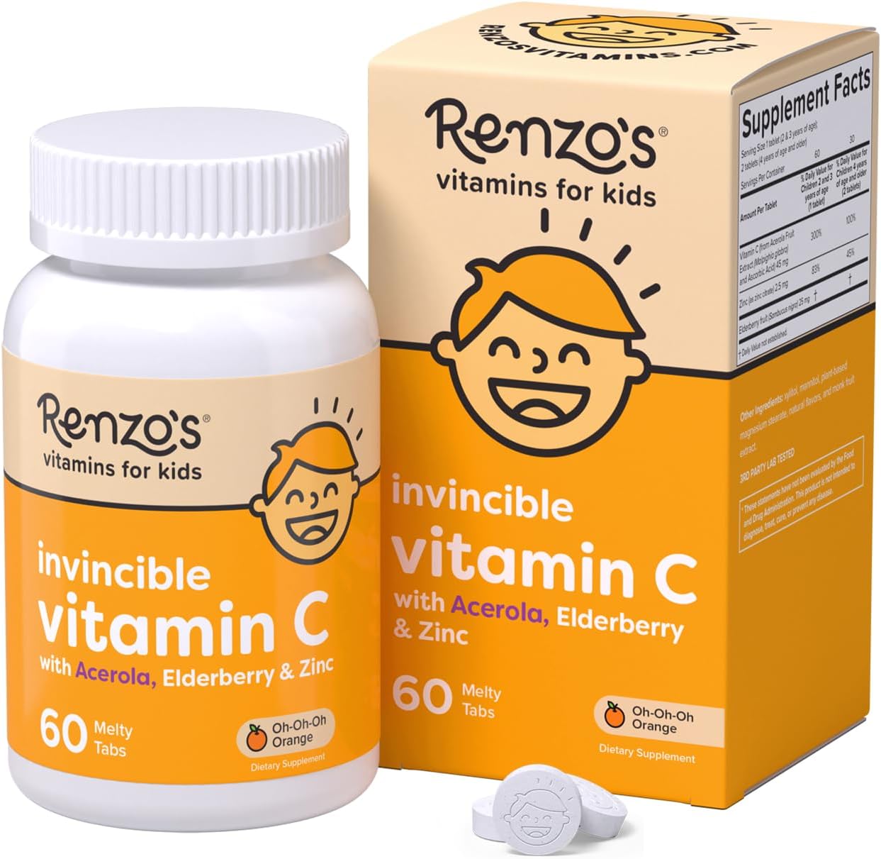 Renzo's Kids Vitamin C with Elderberry & Zinc for Immune Support, Vegan Vitamin C for Kids, Zero Sugar, Non-GMO, Oh-Oh-Oh Orange Flavor, Easy to Take Chewable Vitamin C Tablets, [60 Melty Tabs]