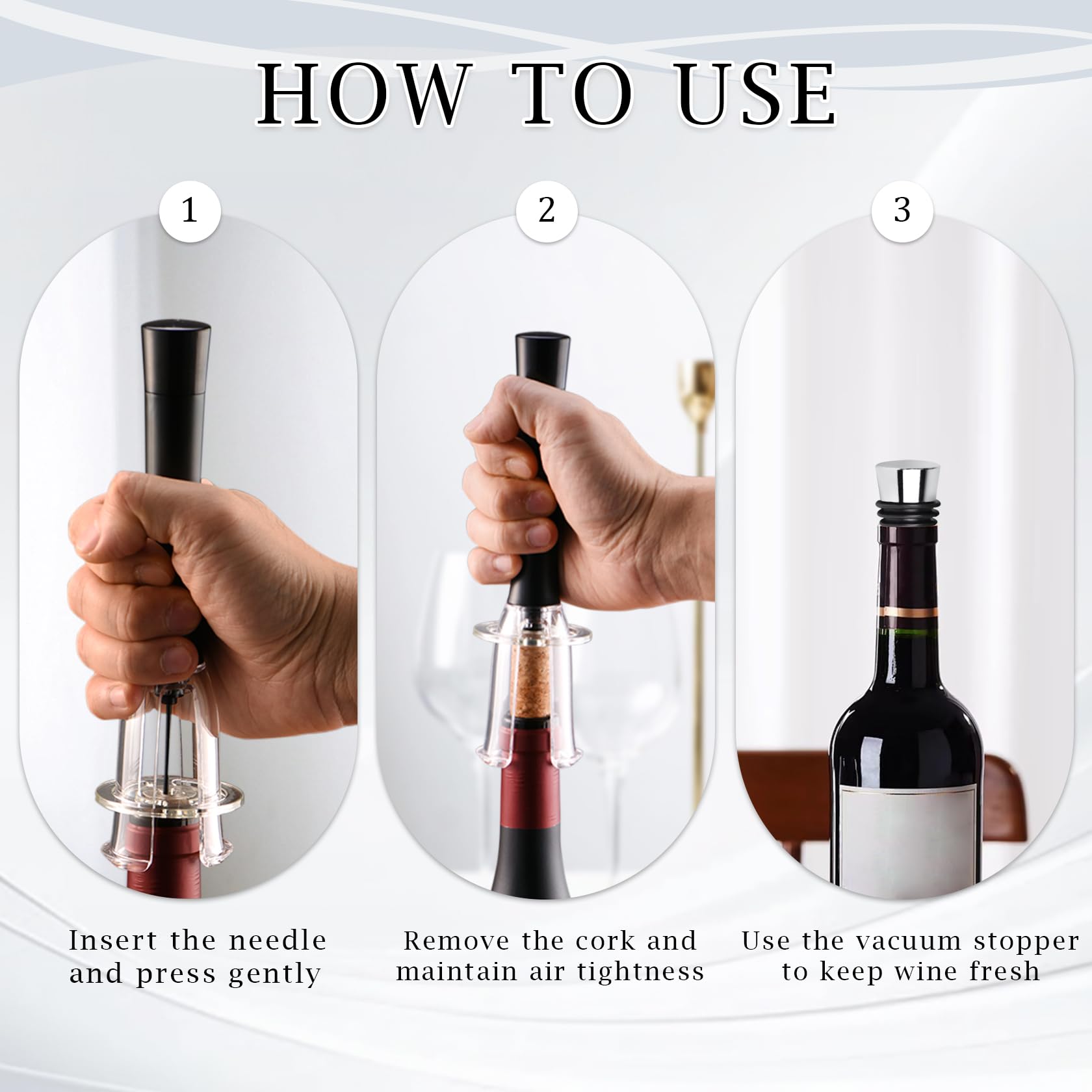 Cavatappi Vino Pressione Aria con 2 Tappi Bottiglie Riutilizzabili, Apribottiglie a Pompa Rapido e Facile da Usare, Professionale Accessori Vino per Casa, Raduni e Regalo