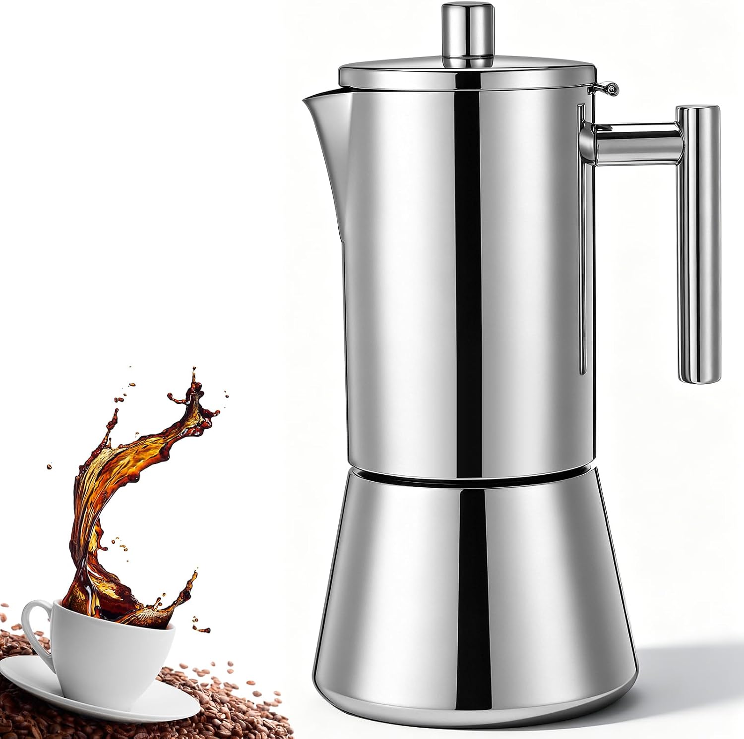12 Cup Stovetop Espresso Maker, 20.3 oz Stainless Steel Moka Pot, 304 Stainless Steel Italian Coffee Maker, Induction Compatible Cuban Coffee Pot Greca Cafetera for Home Kitchen Travel