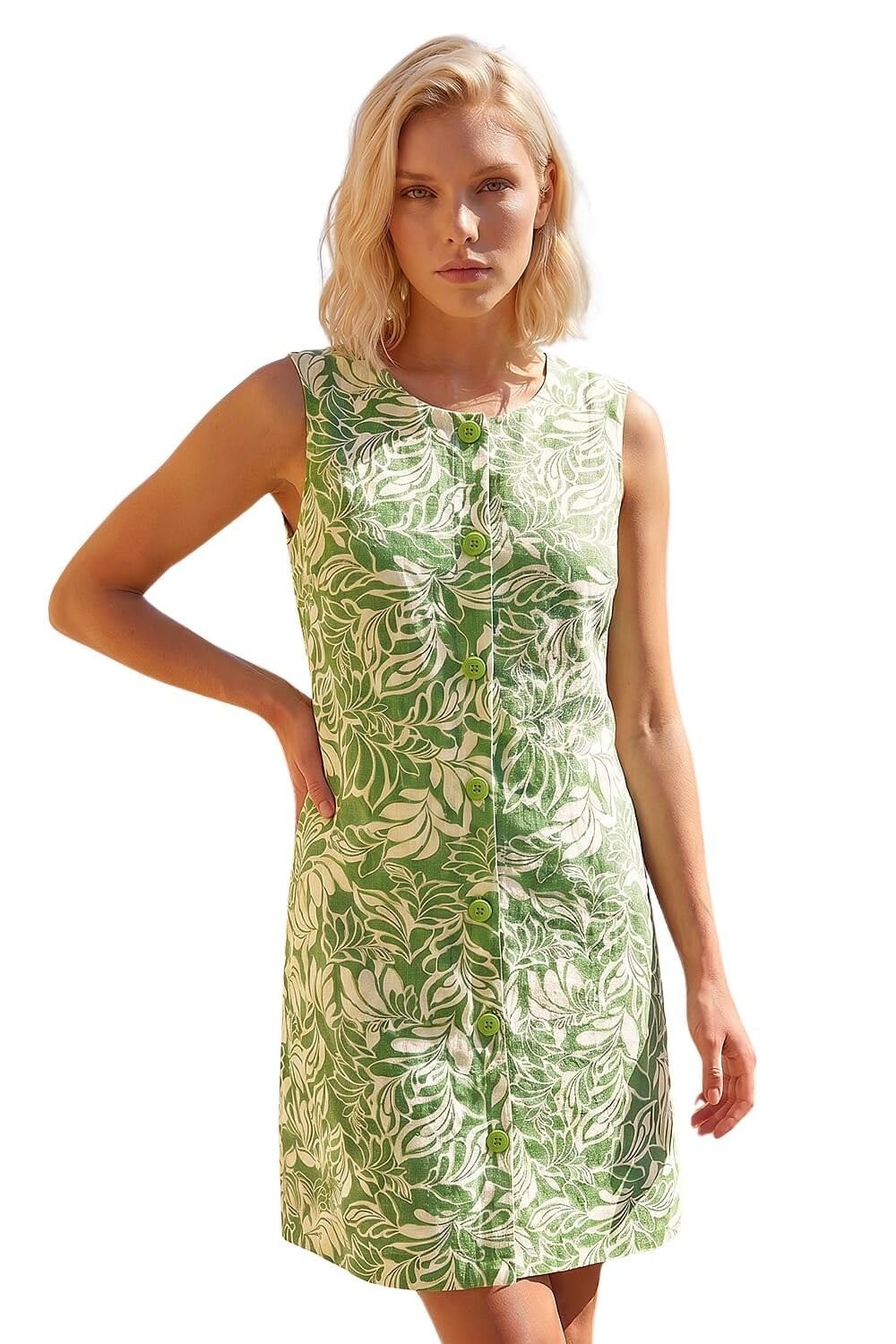 Roman Women's Green Petite Leaf Print Buttoned A-Line Dress In Size 16
