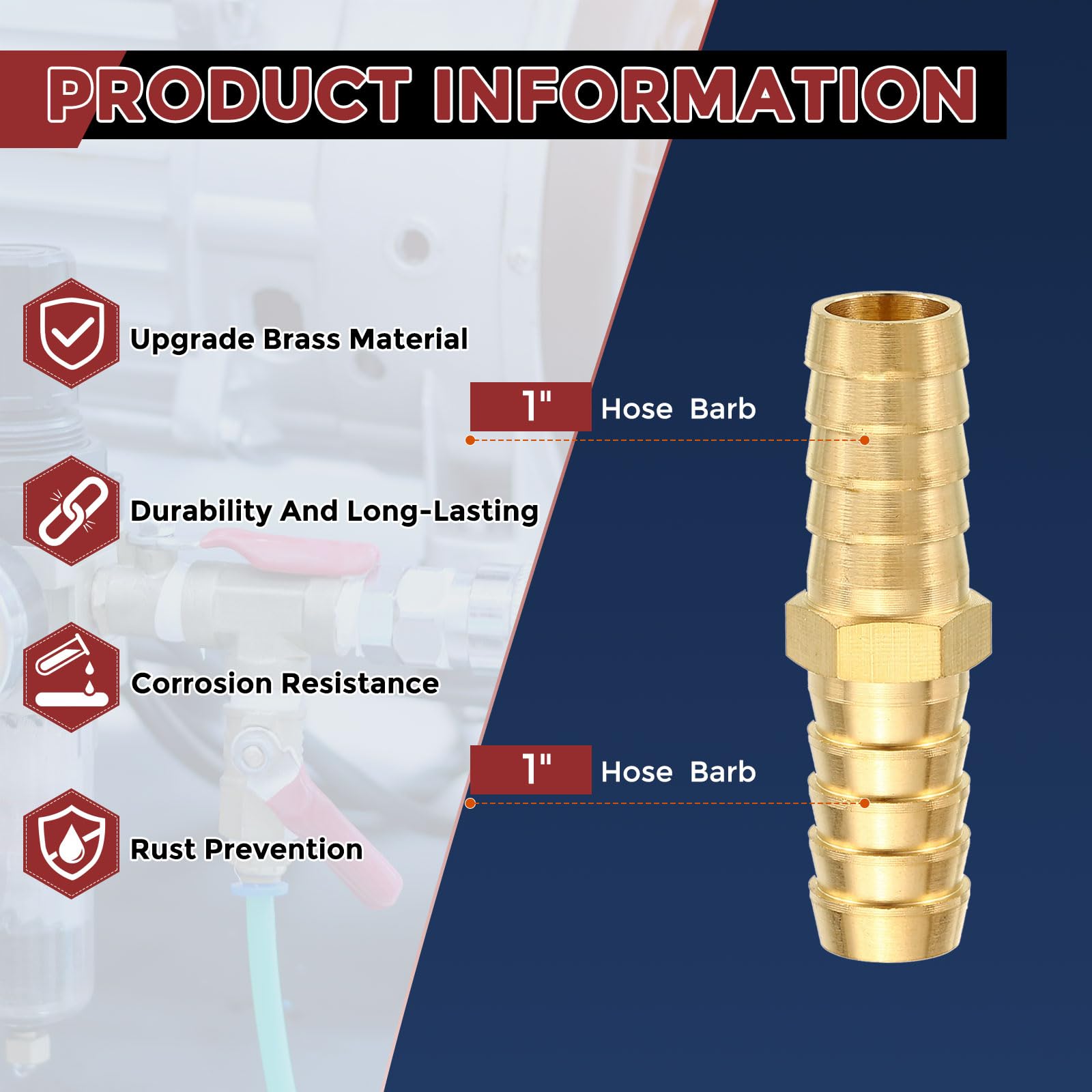 Kozelo Packs of 2 Brass Hose Barbs Fittings 1"(25.5mm) Hose Barbs to 1"(25.5mm) Fittings for Home Machines Massage Bathtubs - Image 2